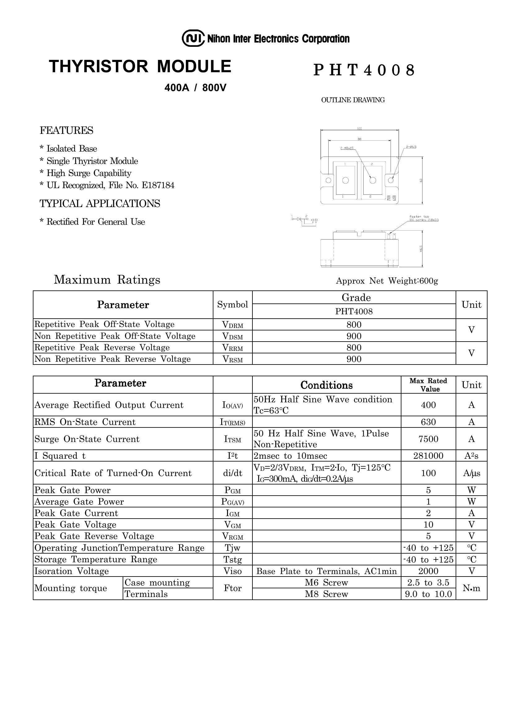 PHT4008 NIEC Thyristor & SCR Modules