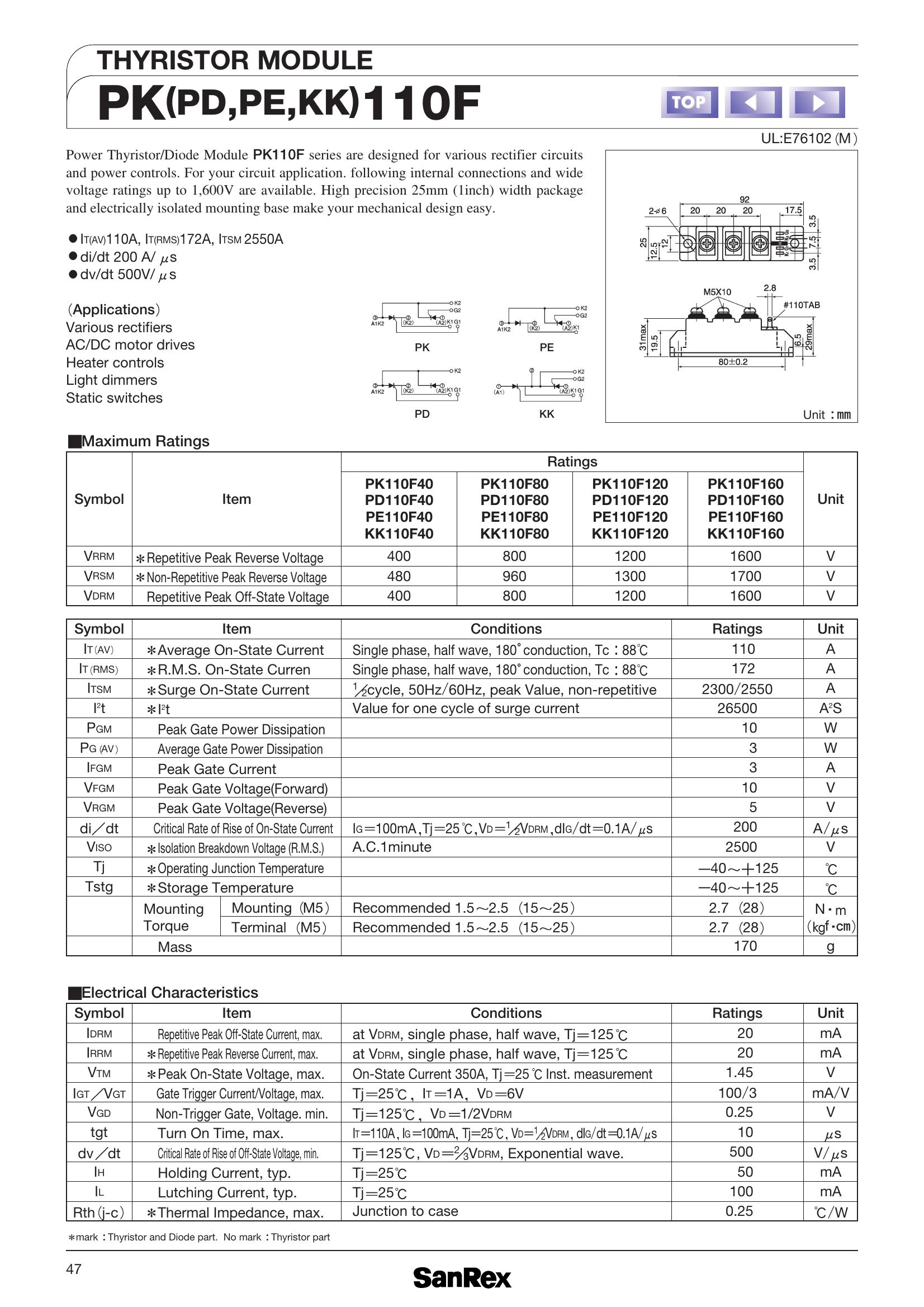 PK110F120 SanRex Thyristor & SCR Modules