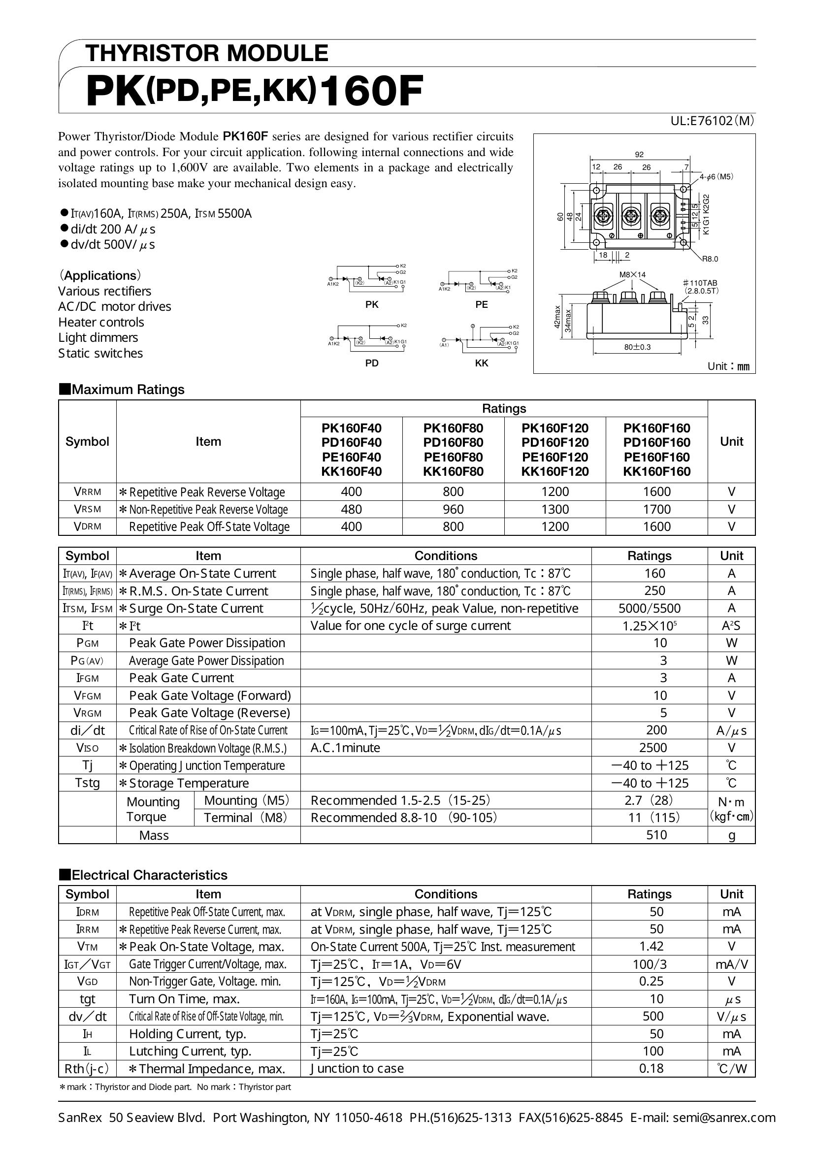 PK160F-120 SanRex Thyristor & SCR Modules