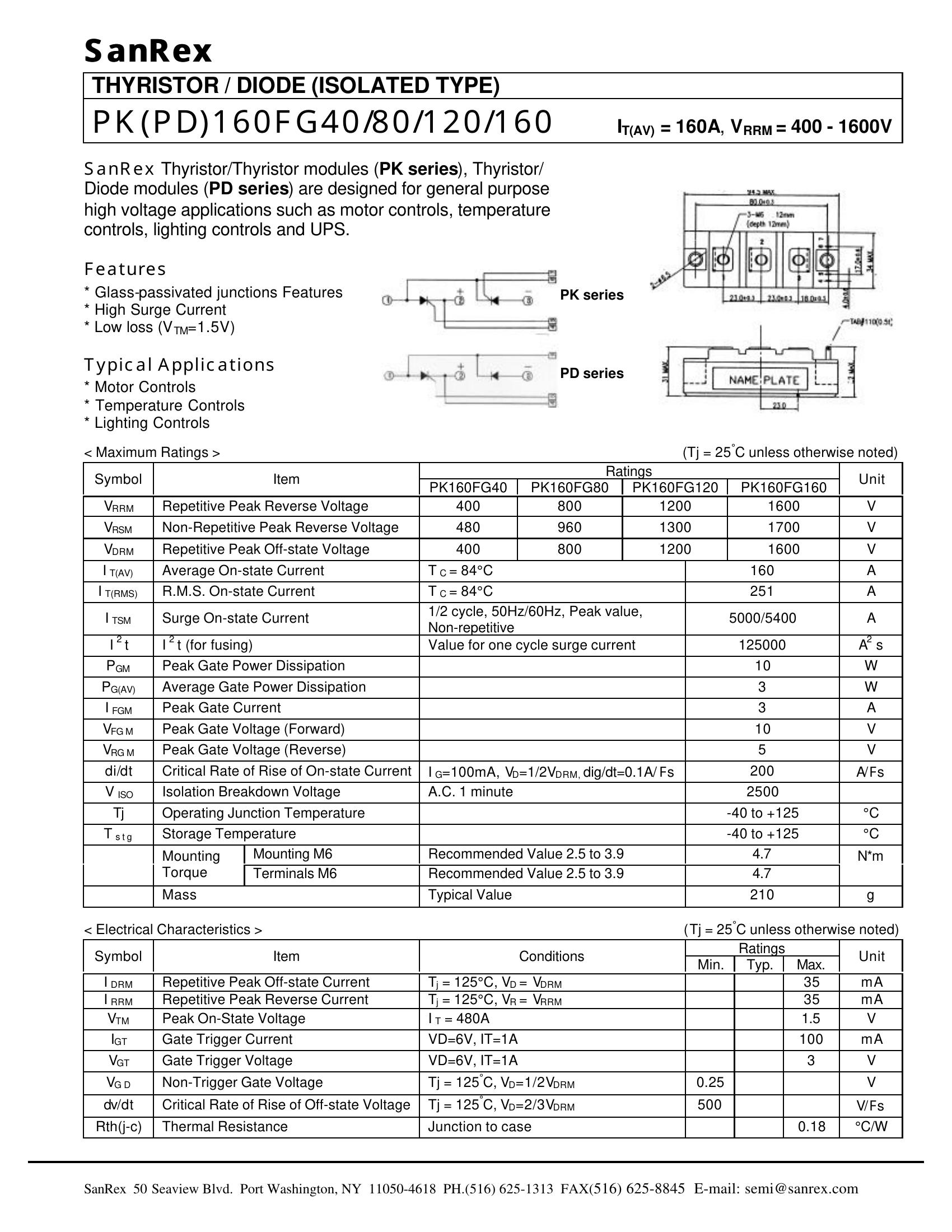 PK160FG160 SanRex Thyristors / SCRs (Discrete & Press-pack)