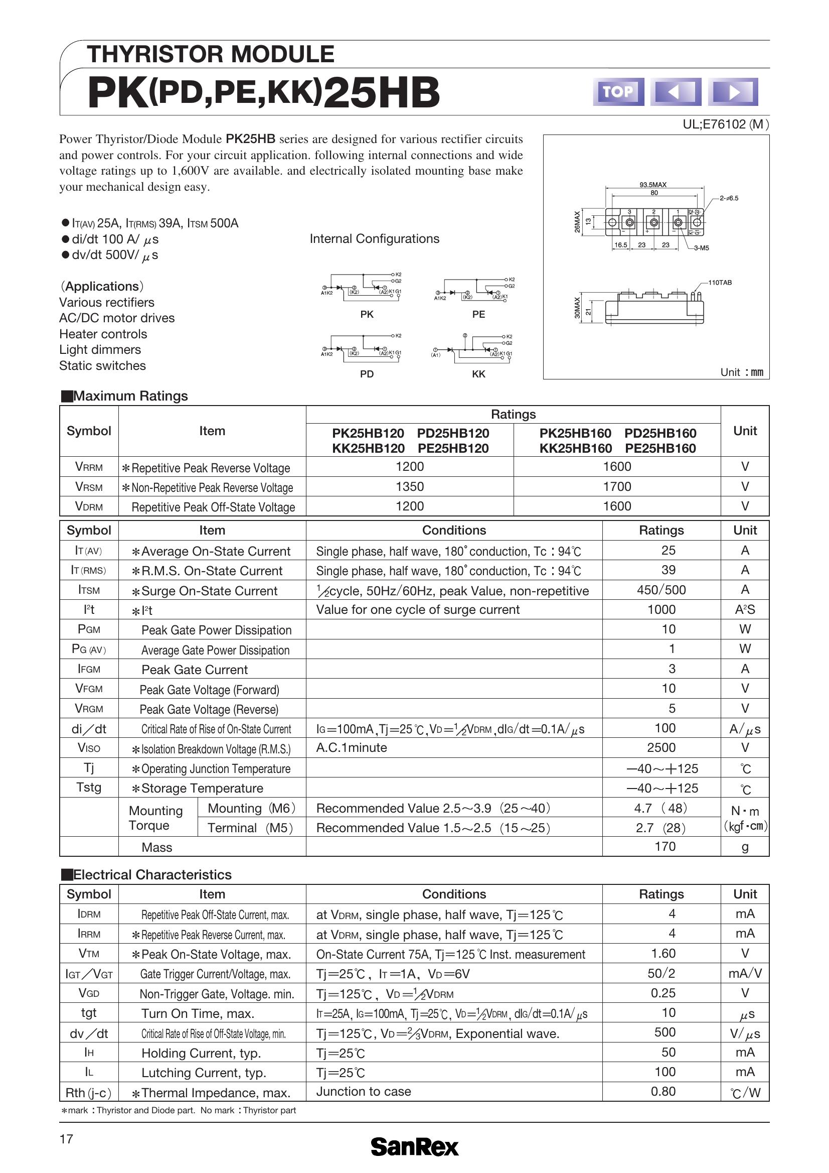PK25HB120 SanRex Thyristors / SCRs (Discrete & Press-pack)