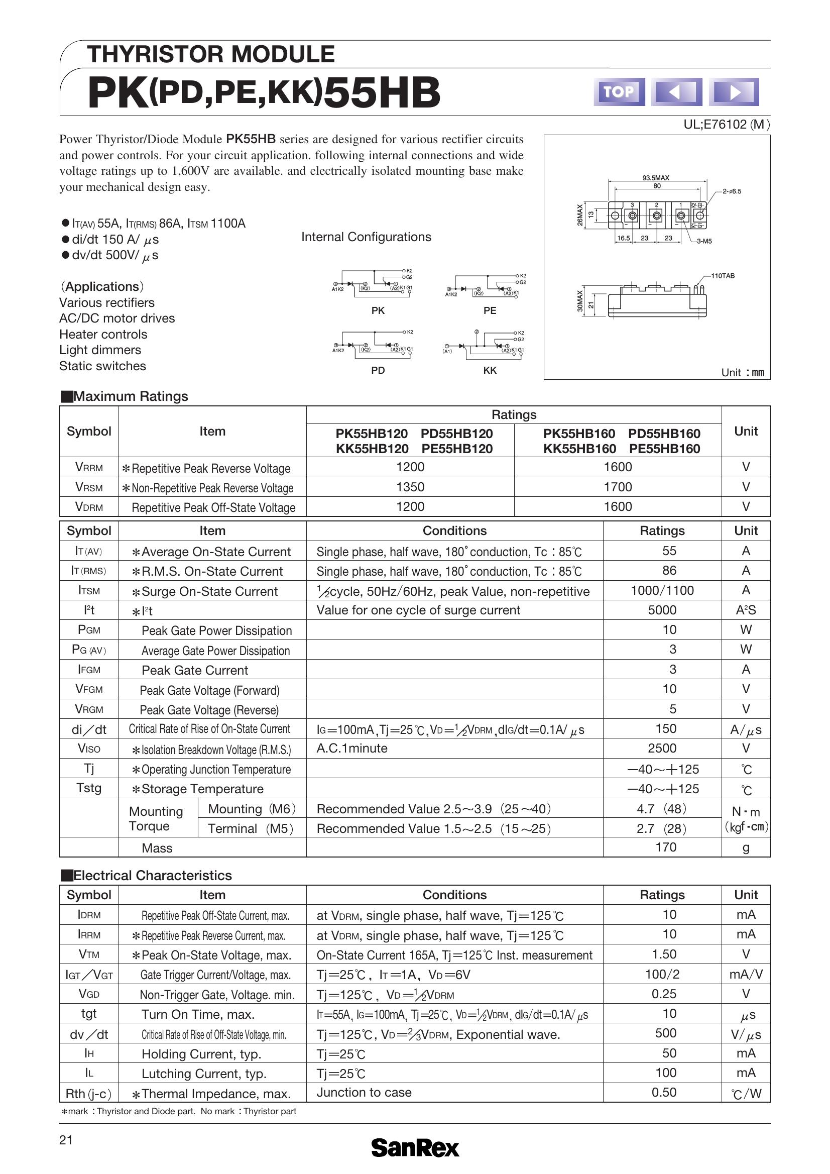 PK55HB120 SanRex Thyristors / SCRs (Discrete & Press-pack)