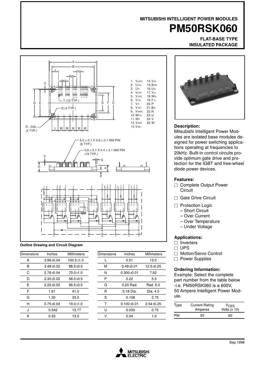 PM50RSK060, MITSUBISHI, Intelligent Power Module Flat-base Type Insulated Package
