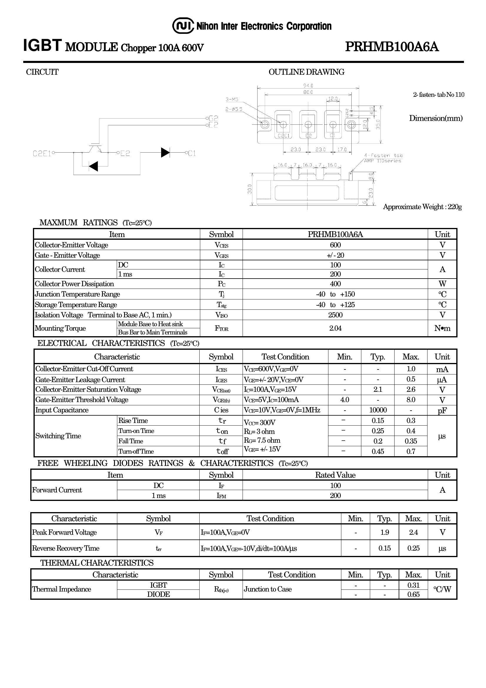PRHMB100A6A NIEC IGBT Modules