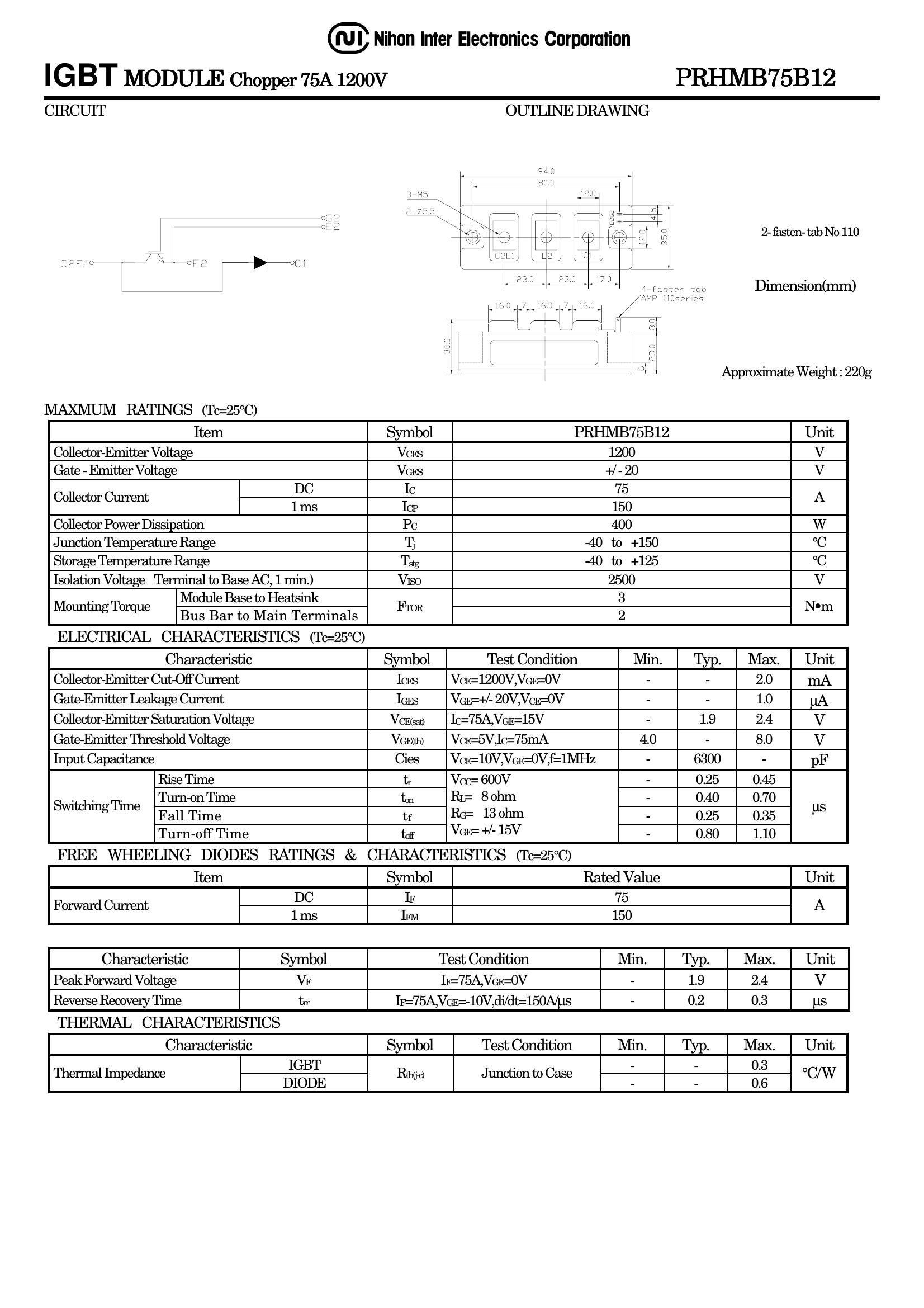 PRHMB75B12 NIEC IGBT Modules
