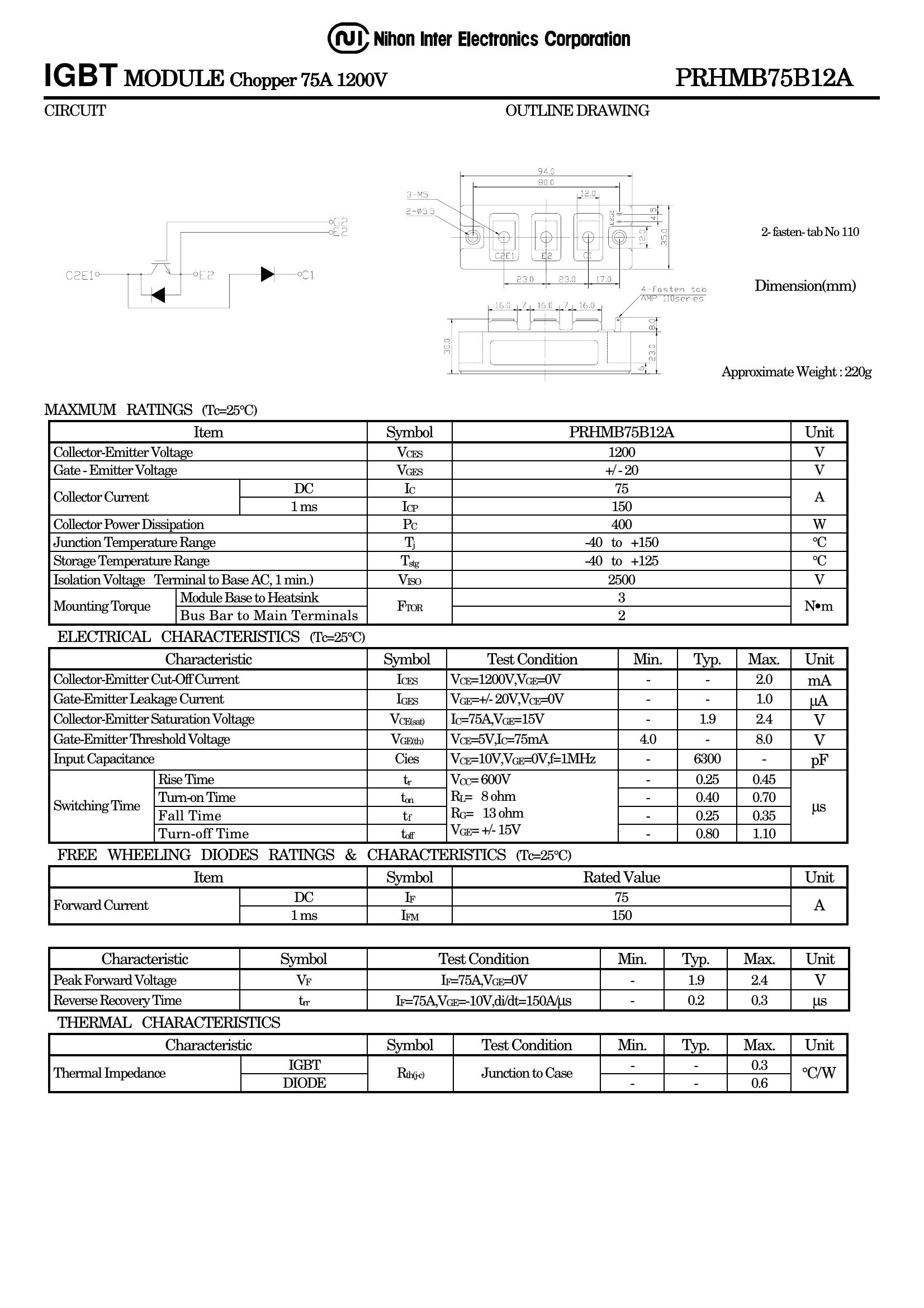 PRHMB75B12A NIEC Power Transistor Module