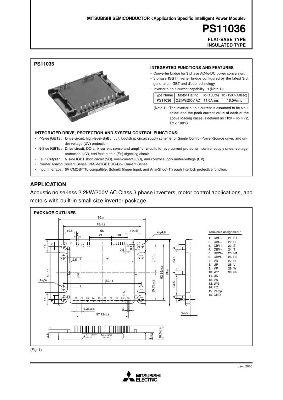 PS11036, MITSUBISHI, Flat-base Type Insulated Type Application Specific Intelligent Power Module