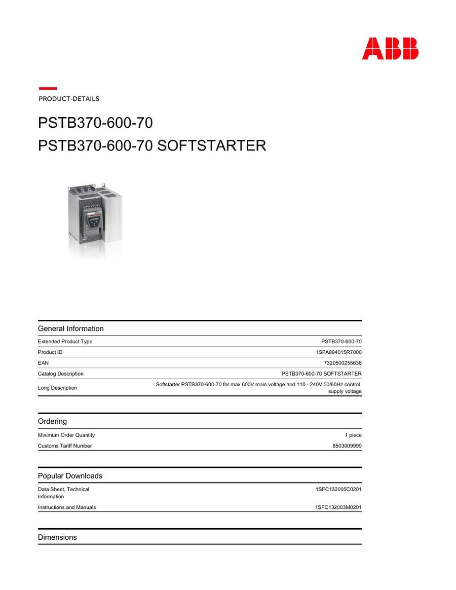 PSTB-370-600-70, ABB, Soft Starter