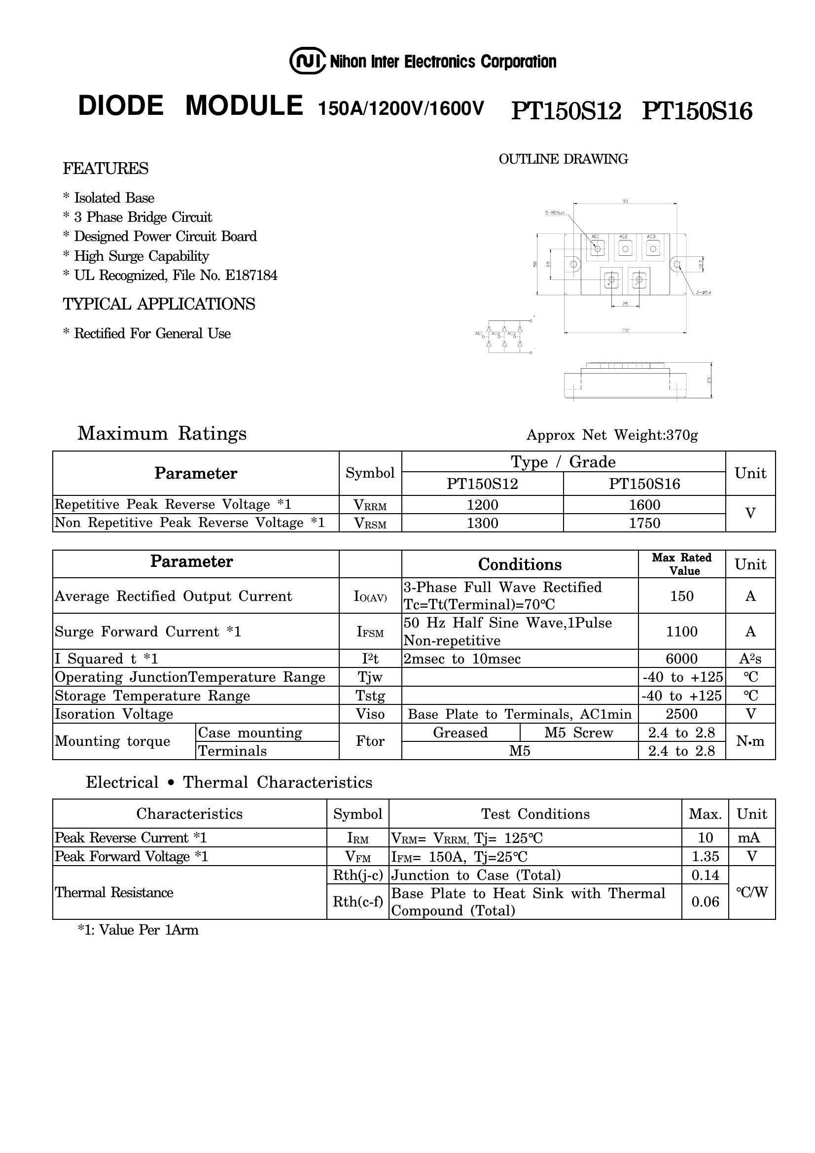 PT150S12 NIEC Thyristor & SCR Modules