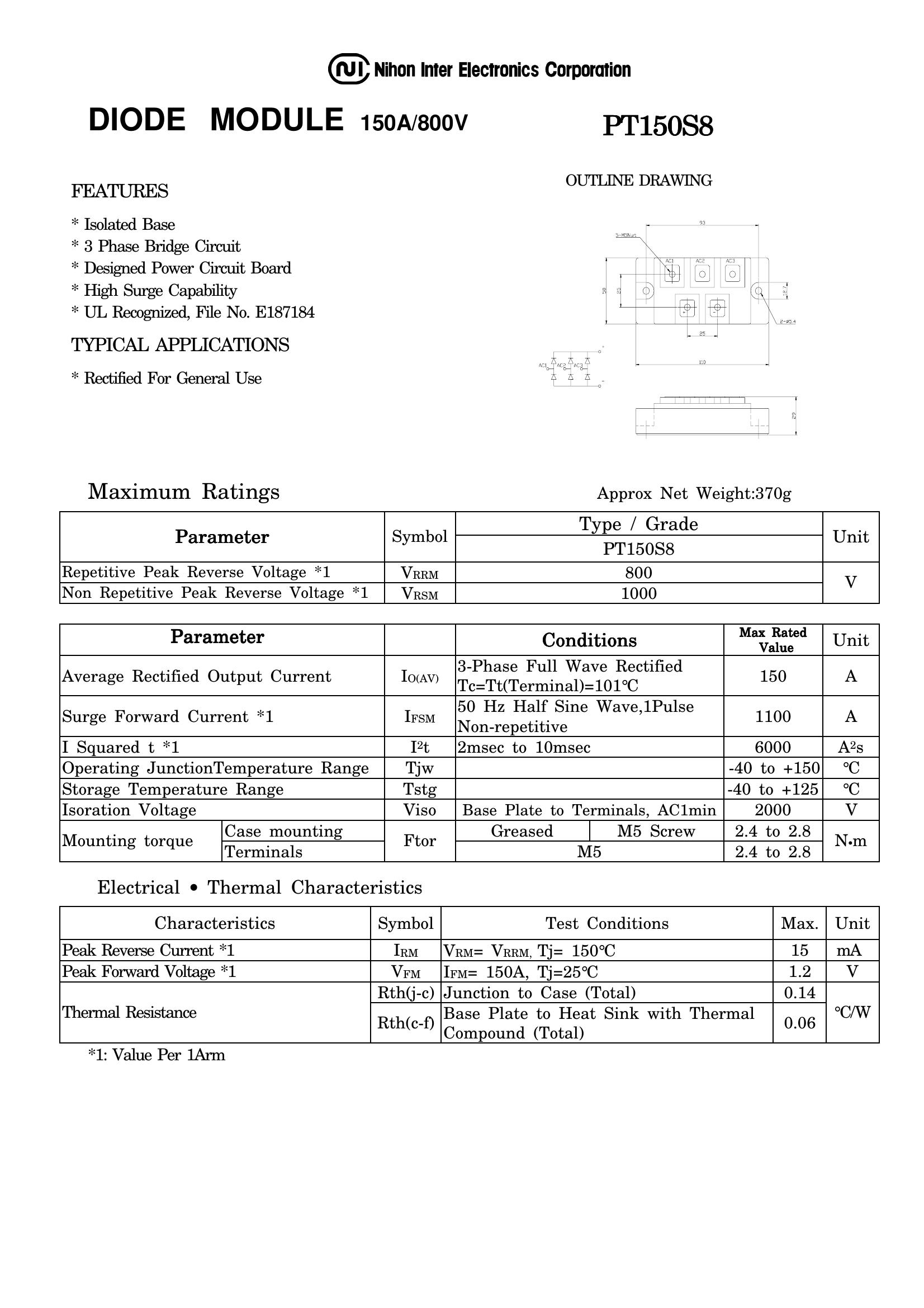PT150S8 NIEC Thyristor & SCR Modules