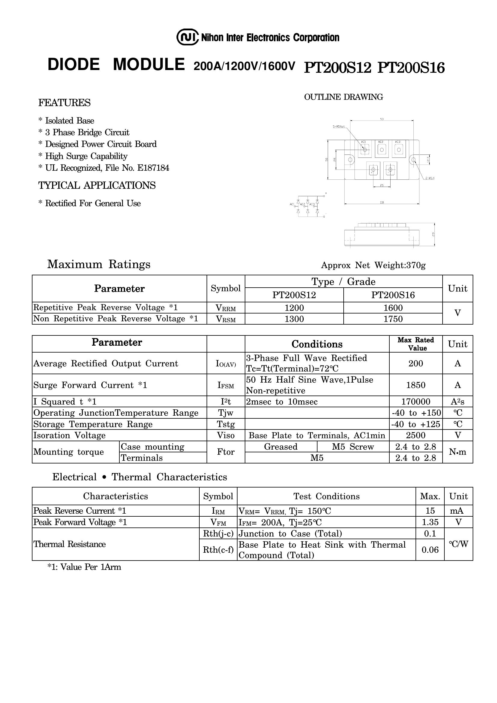 PT200S16 NIEC Thyristor & SCR Modules