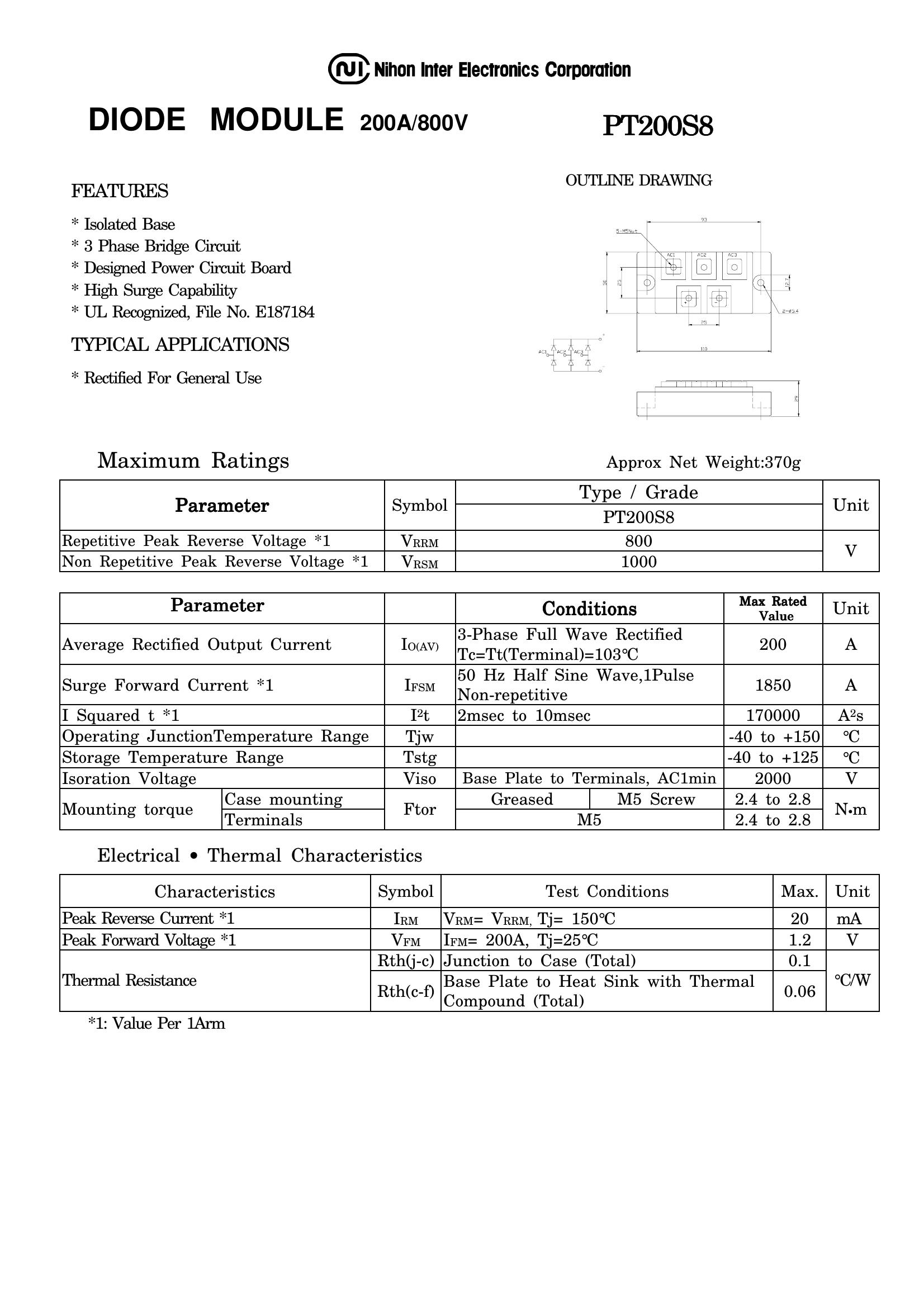 PT200S8 NIEC Thyristor & SCR Modules