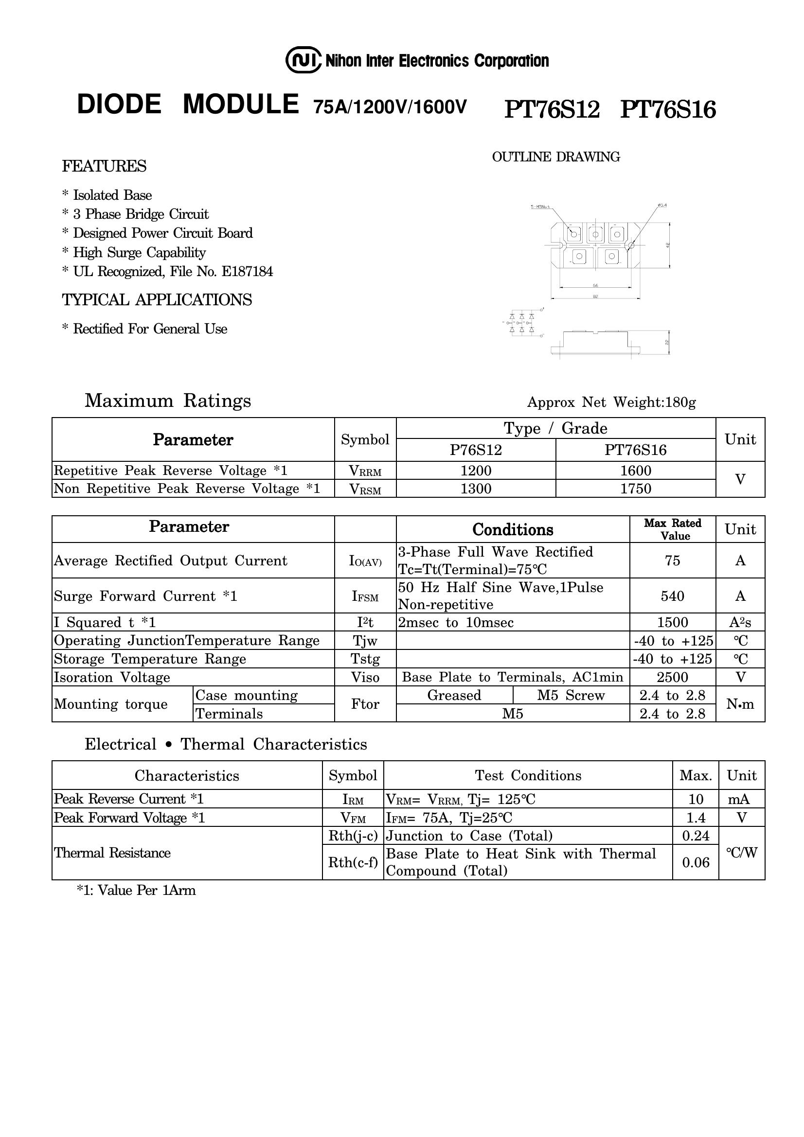 PT76S16 NIEC Thyristor & SCR Modules