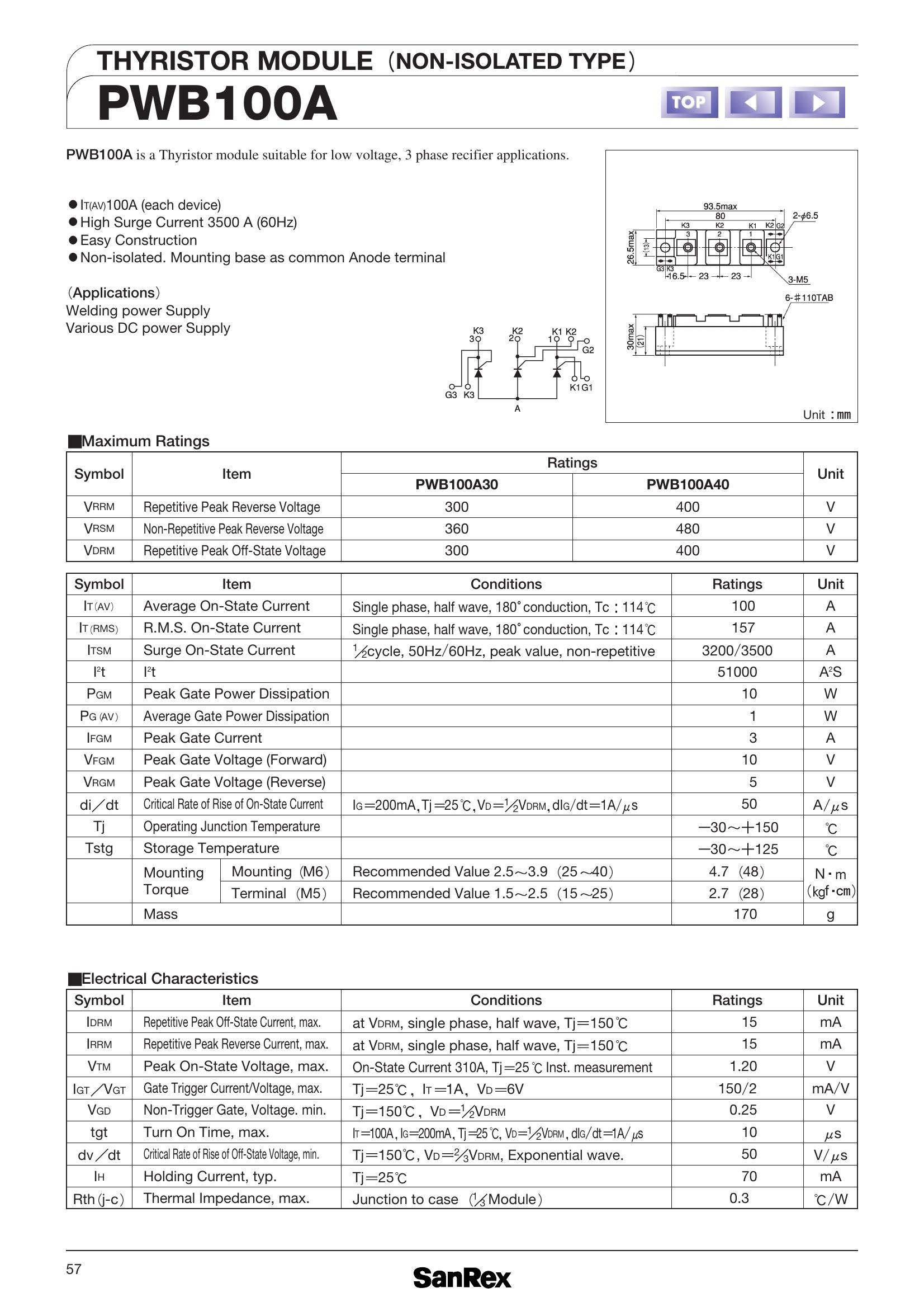 PWB100A30 SanRex Thyristor & SCR Modules