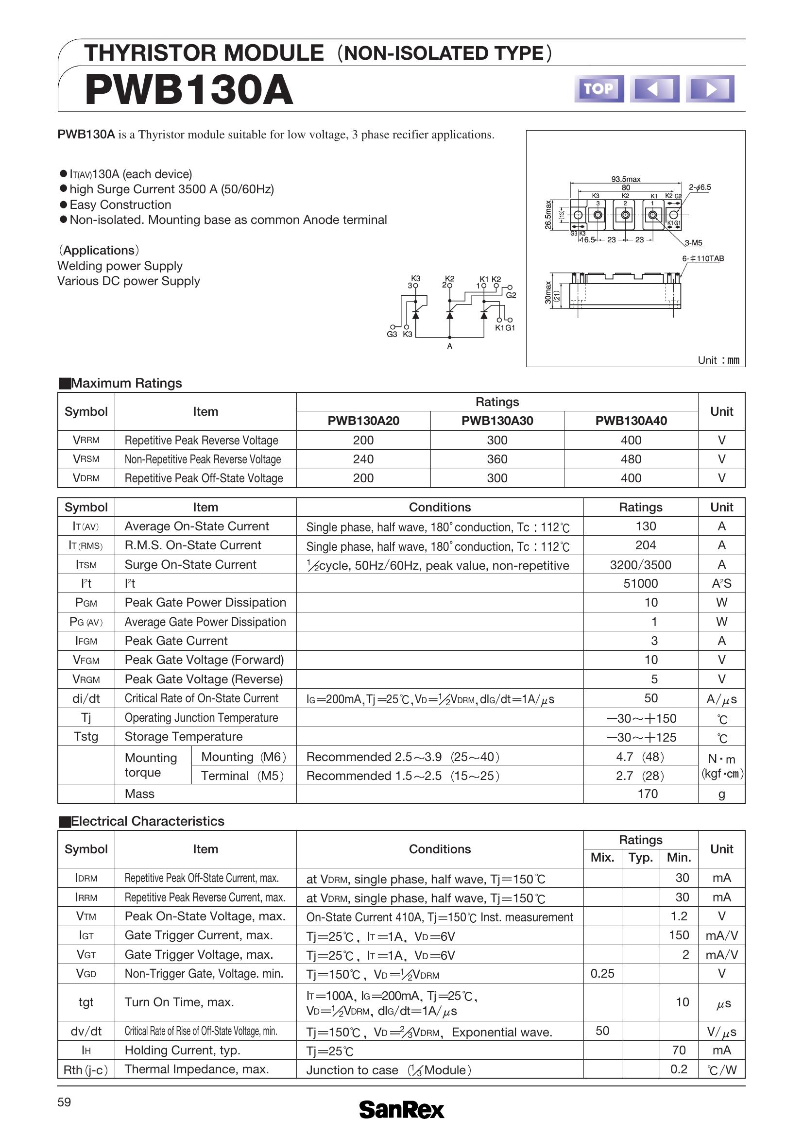 PWB130A30 SanRex Thyristor & SCR Modules