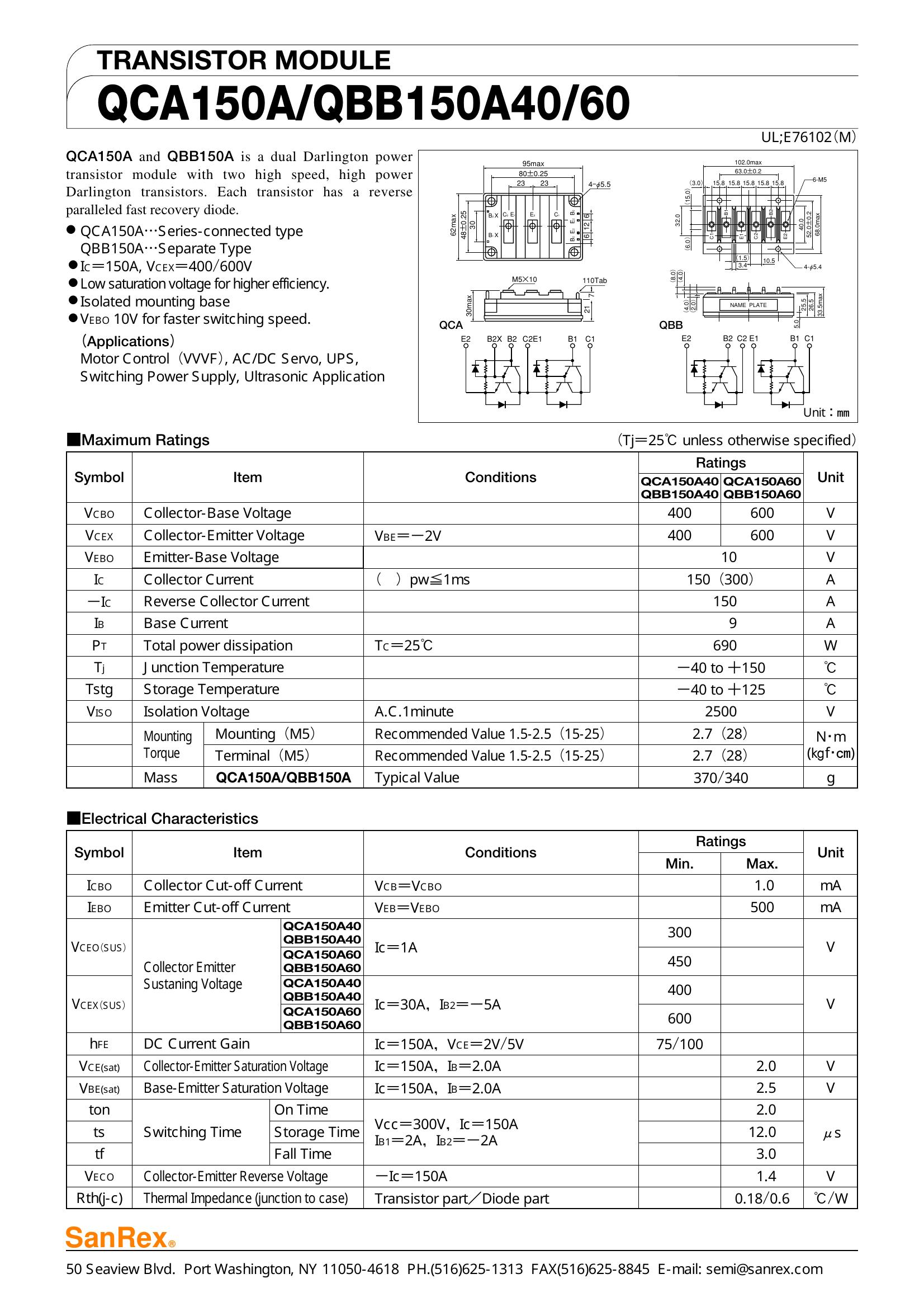 QBB150A60 SanRex Darlington / Bipolar Transistor Modules