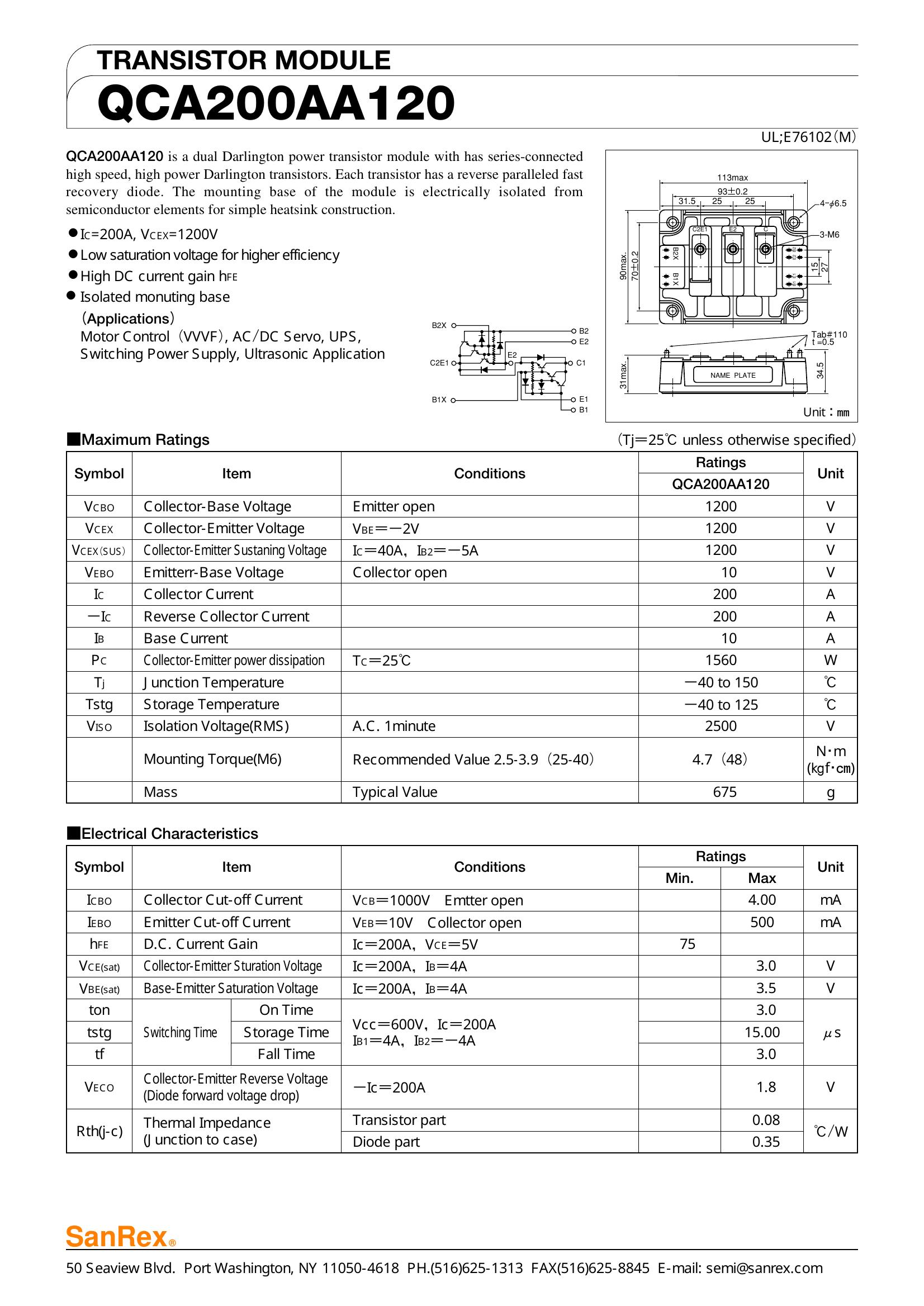 QCA200AA120 SanRex Darlington / Bipolar Transistor Modules