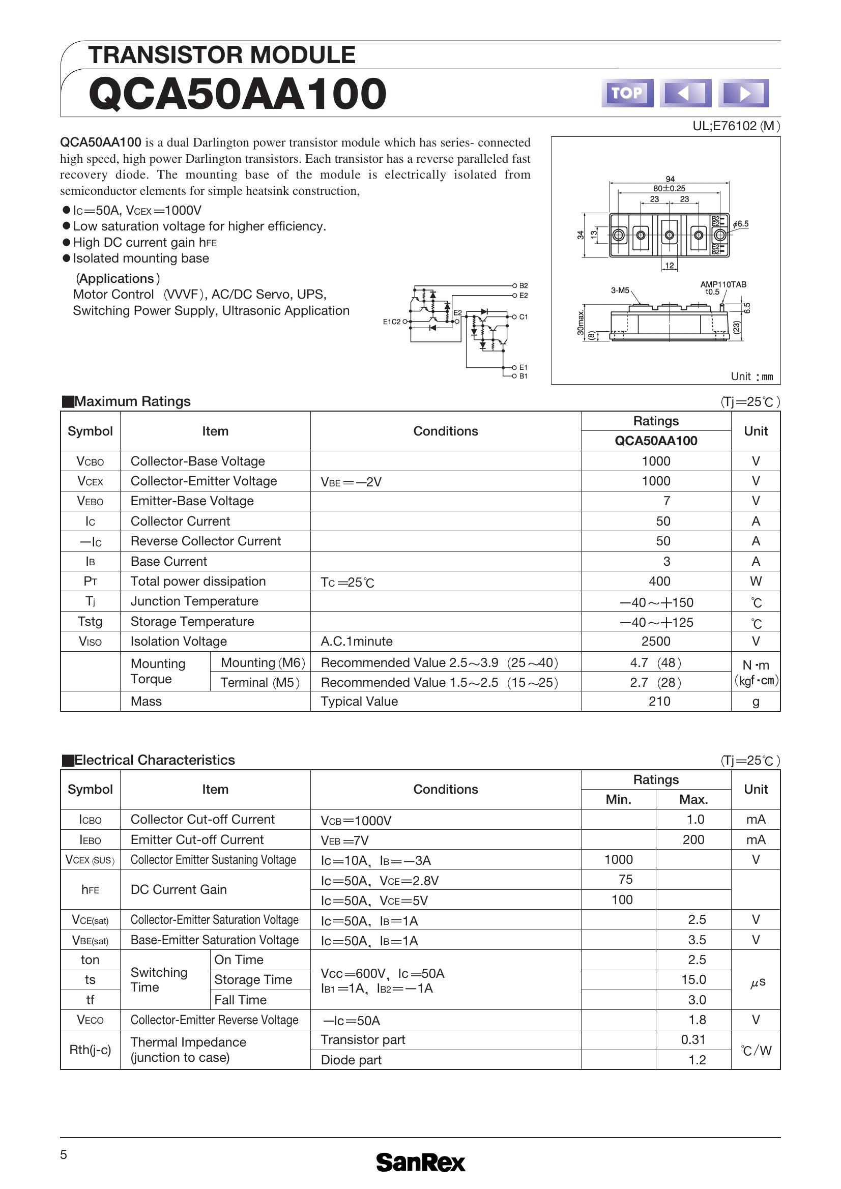 QCA50AA100 SanRex Darlington / Bipolar Transistor Modules