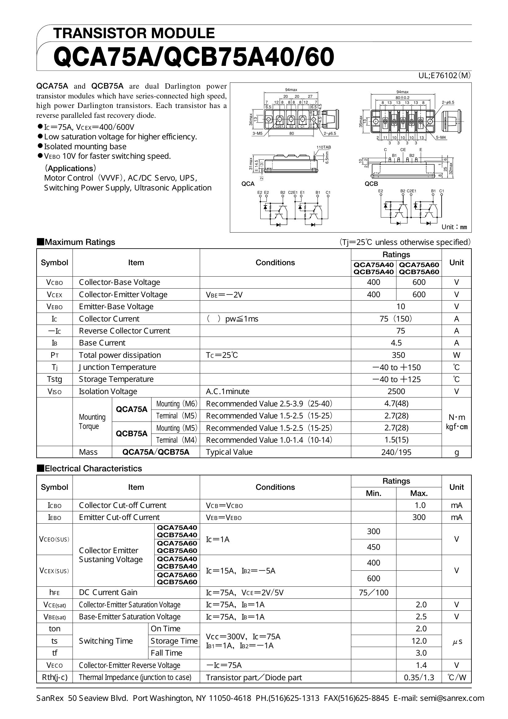 QCB75A40 SanRex Darlington / Bipolar Transistor Modules