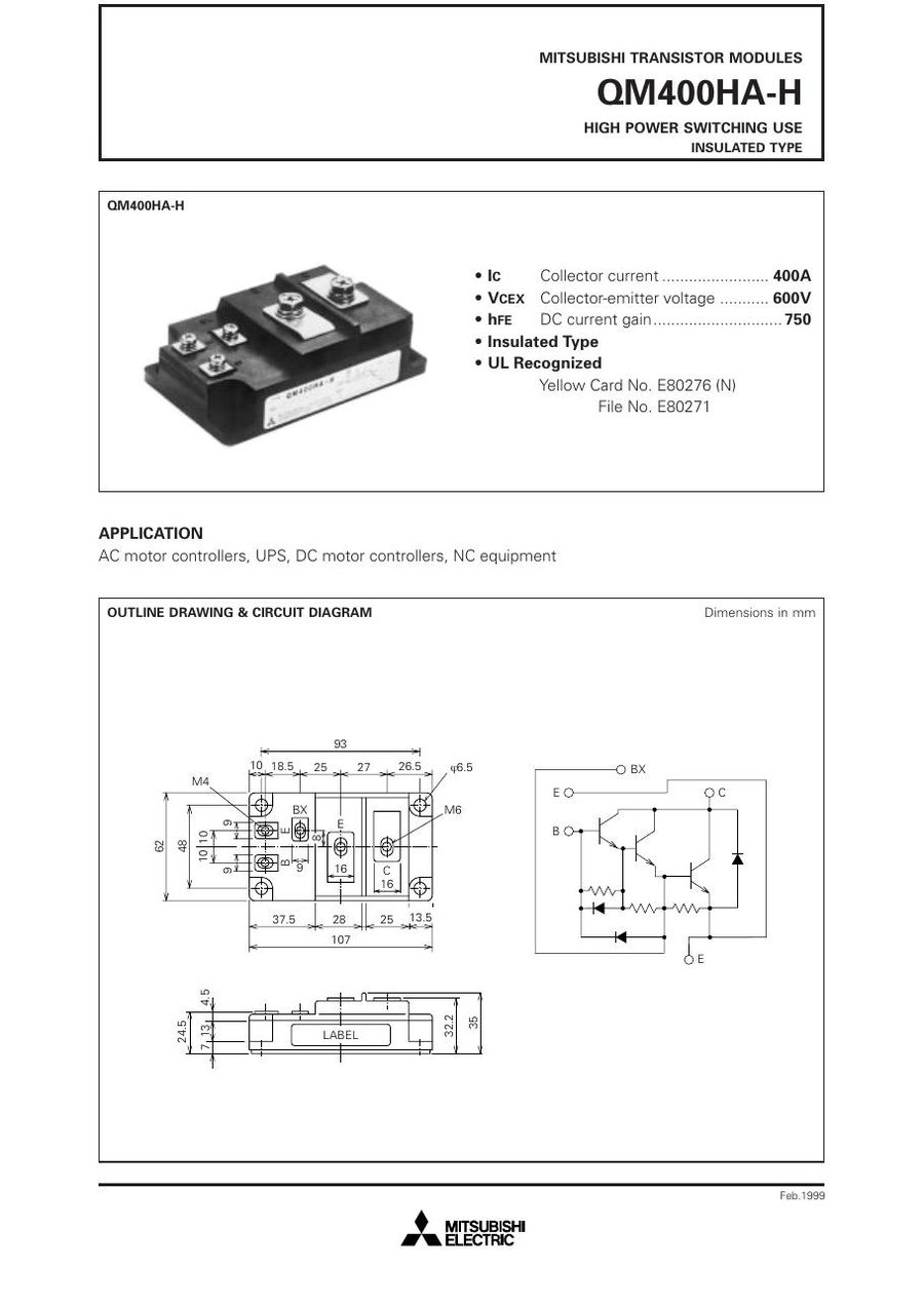 QM400HA-H, MITSUBISHI, High Power Switching Use Insulated Type Transistor Module