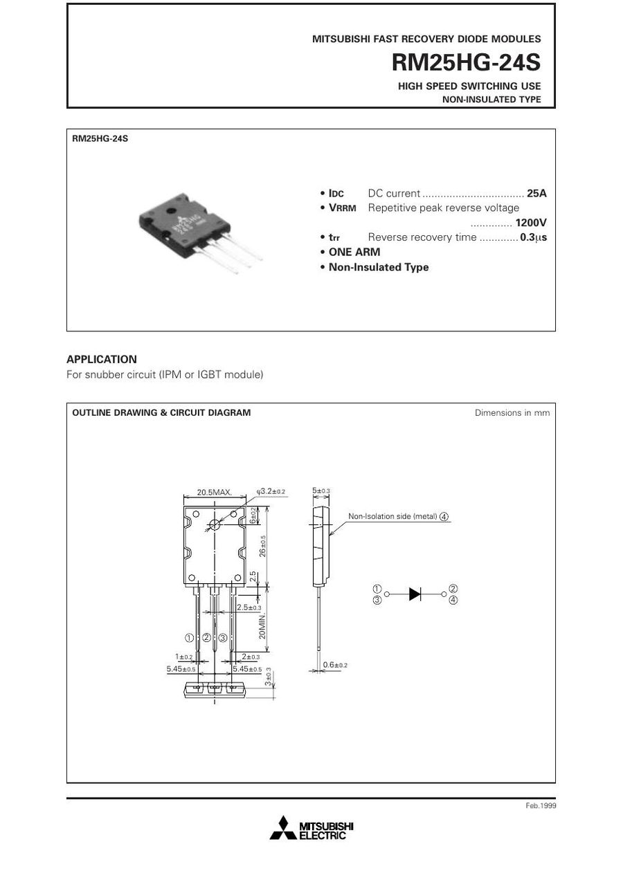 RM25HG-24S, MITSUBISHI, High Speed Switching Use Non-insulated Type Fast Recovery Diode Module