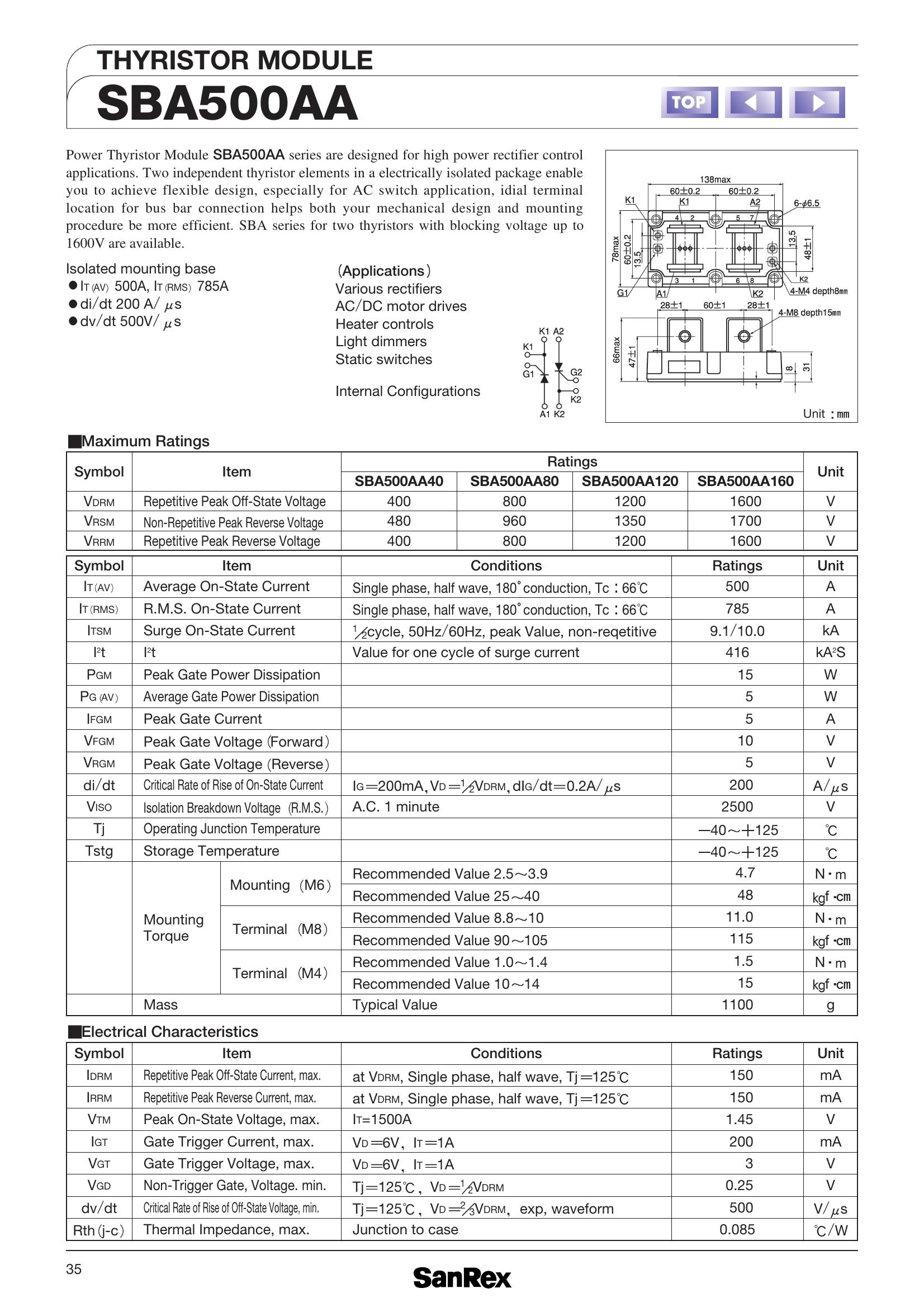 SBA500AA80 SanRex Thyristor & SCR Modules