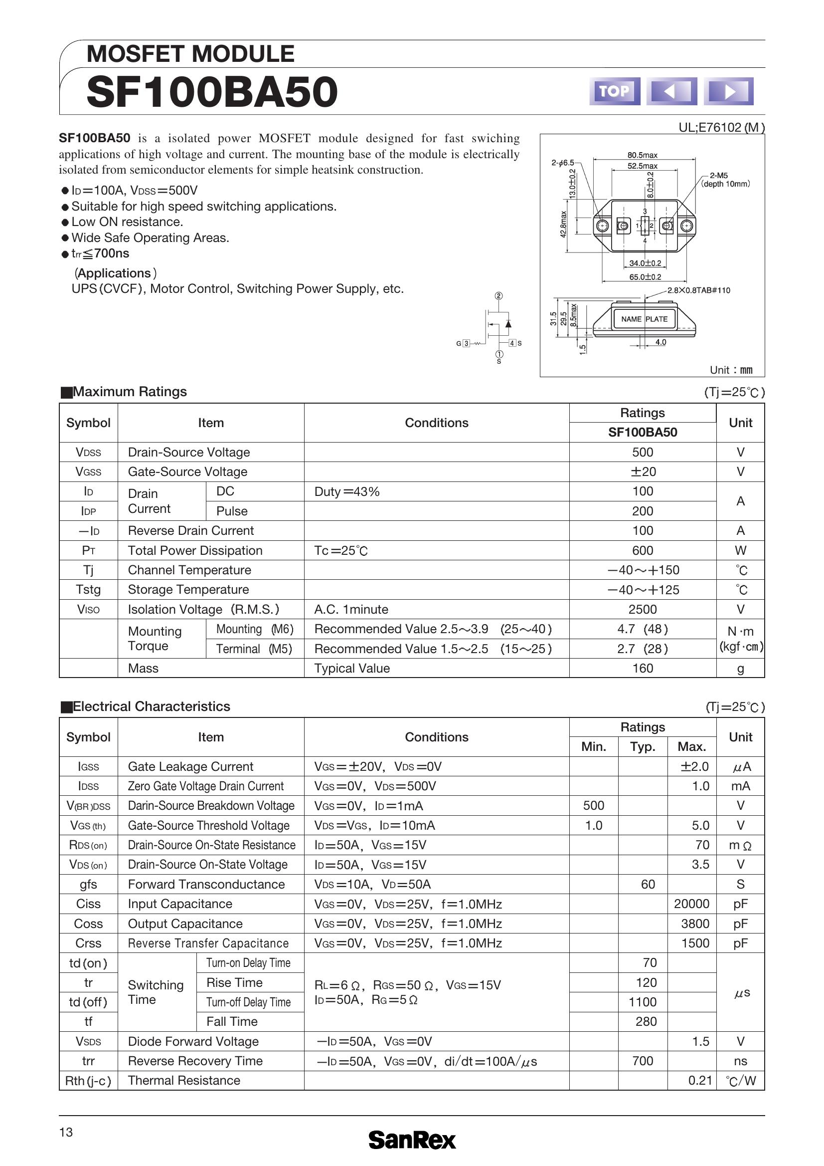 SF100BA50 SanRex Power Transistor Module