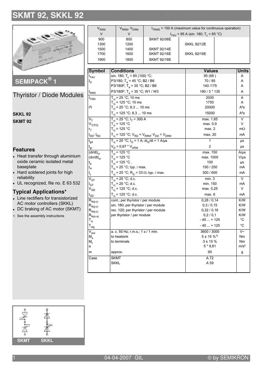SKKL92-16E Semikron Thyristor & SCR Modules