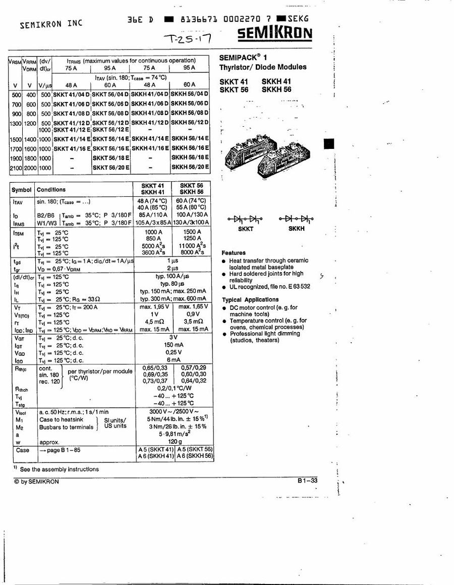 SKKT4116E Semikron Thyristor & SCR Modules