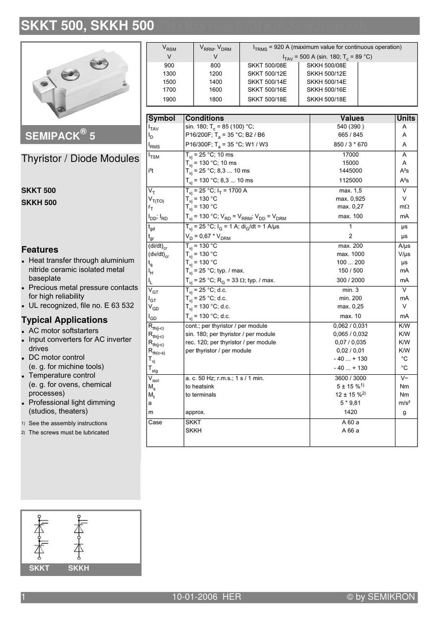SKKT500-16E Semikron Thyristor & SCR Modules