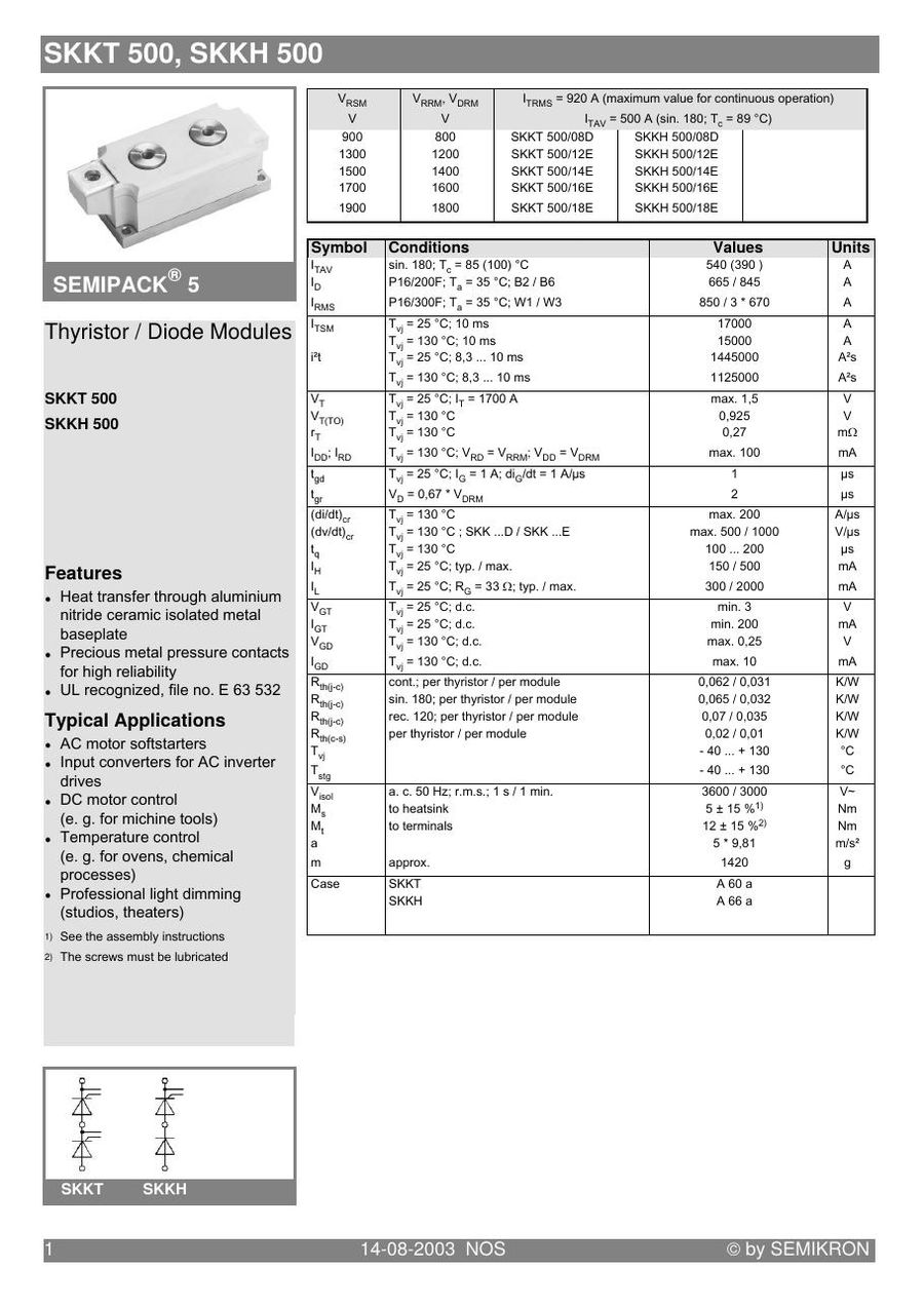 SKKT50012E Semikron Thyristor & SCR Modules