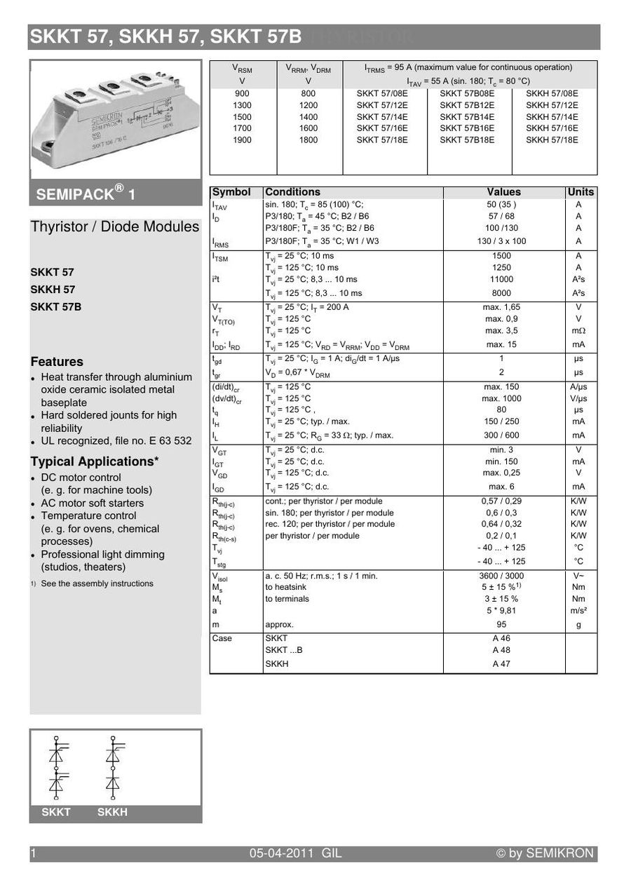 SKKT57-12E Semikron Thyristor & SCR Modules