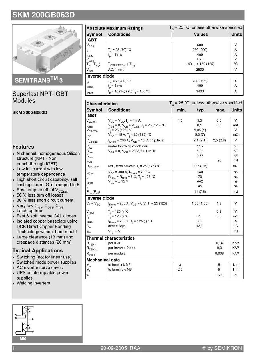 SKM200GB102D, SEMIKRON, Power Module