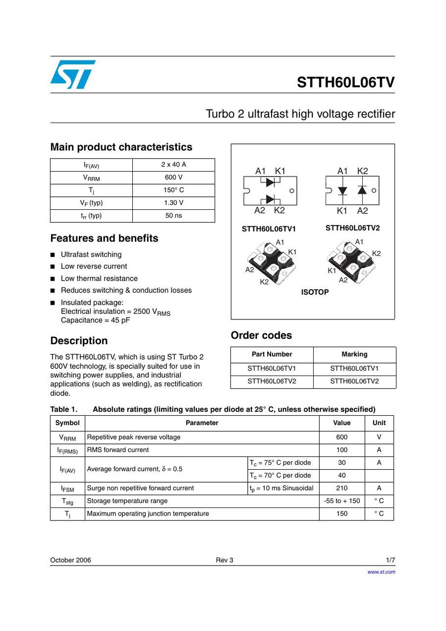 STTH60L06TV2 Semikron Rectifier & Schottky Diodes