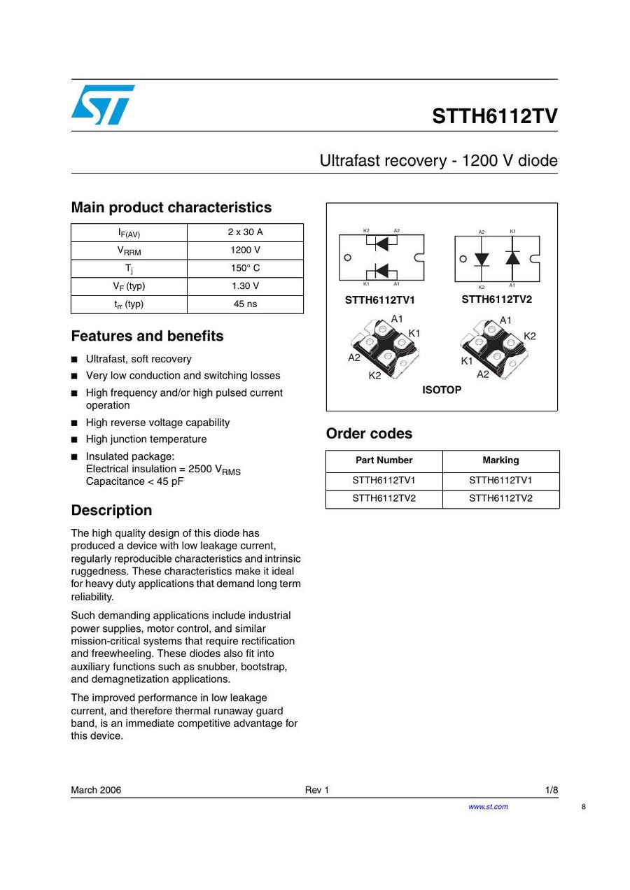 STTH6112TV1 Semikron Rectifier & Schottky Diodes