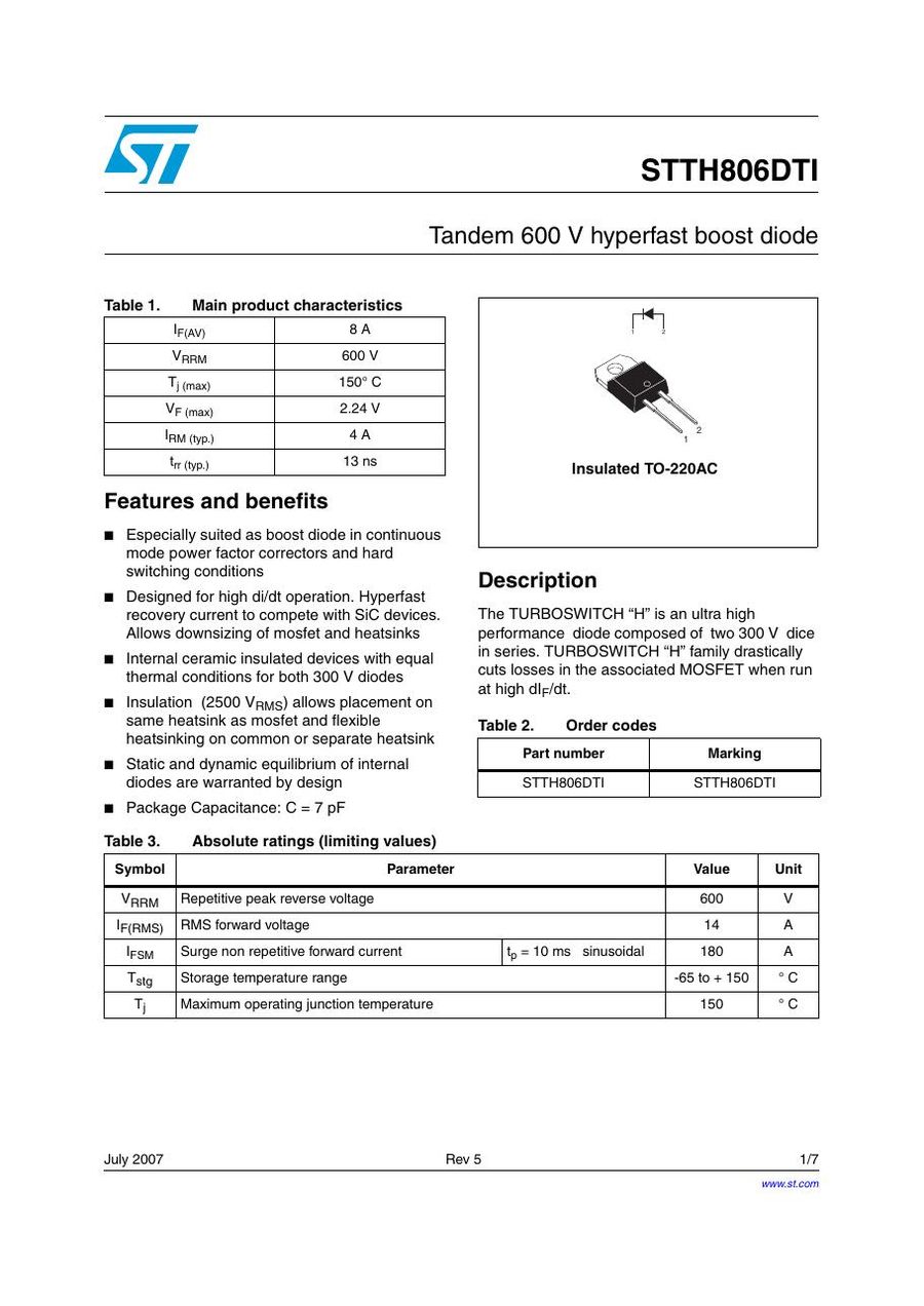 STTH806DTI Semikron Rectifier & Schottky Diodes