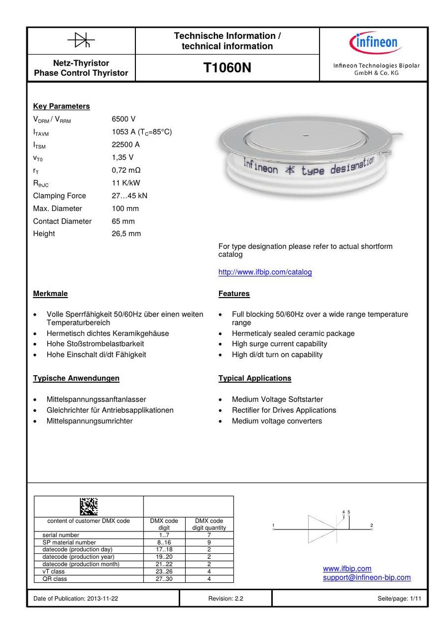 T1060N65TOF Infineon (Eupec) Thyristors / SCRs (Discrete & Press-pack)