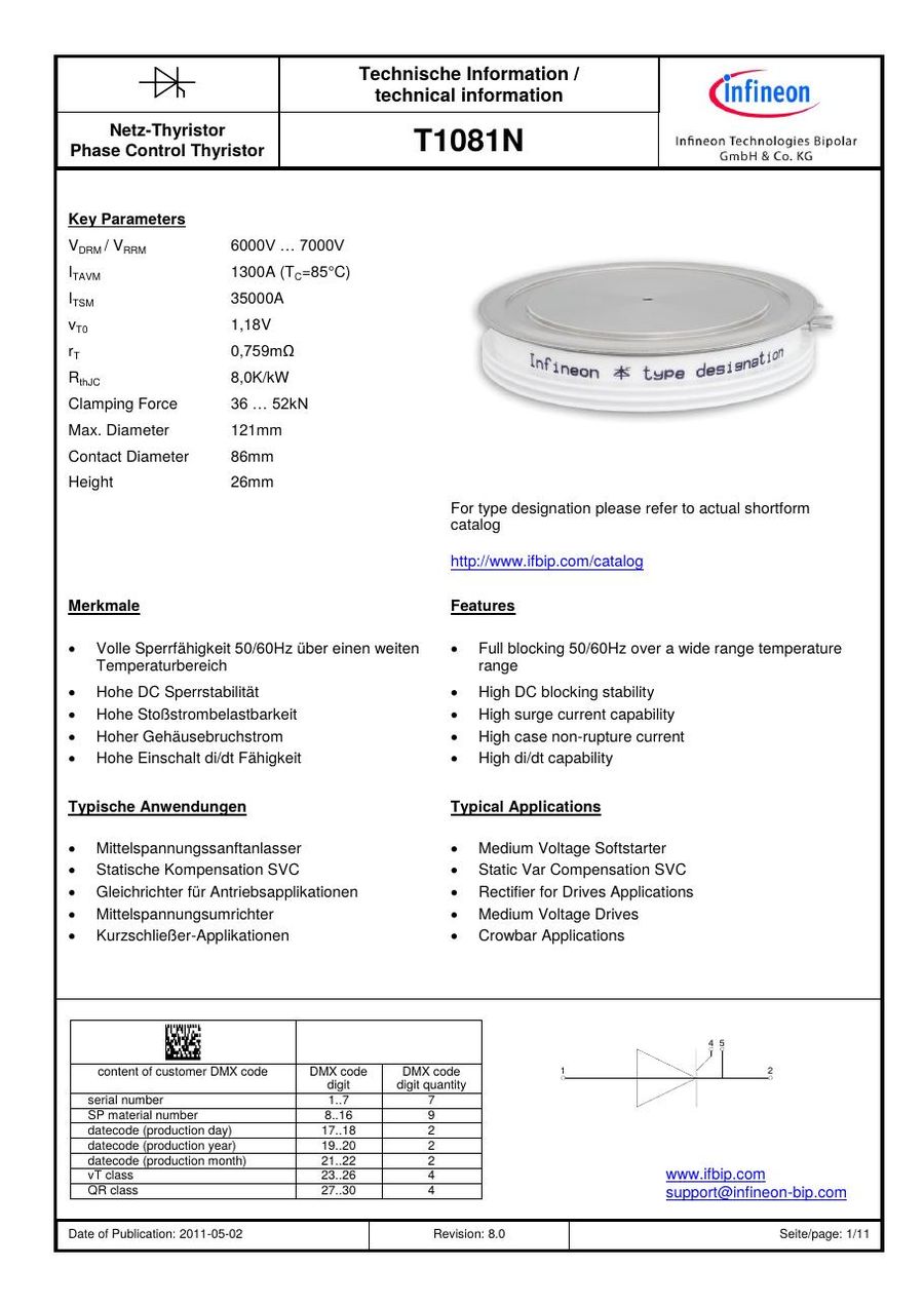T1081N70TOH Infineon (Eupec) Thyristors / SCRs (Discrete & Press-pack)