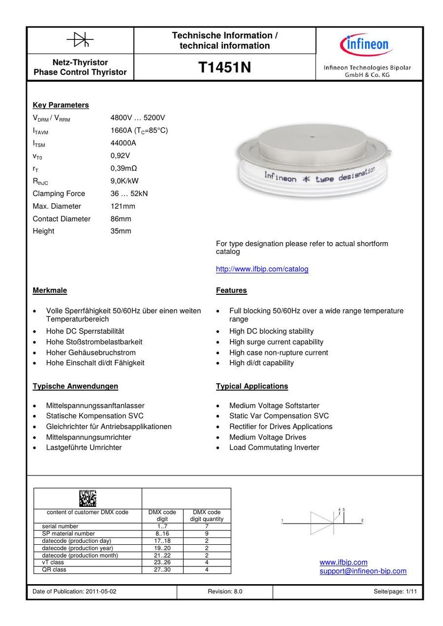 T1451N48TOH Infineon (Eupec) Thyristors / SCRs (Discrete & Press-pack)