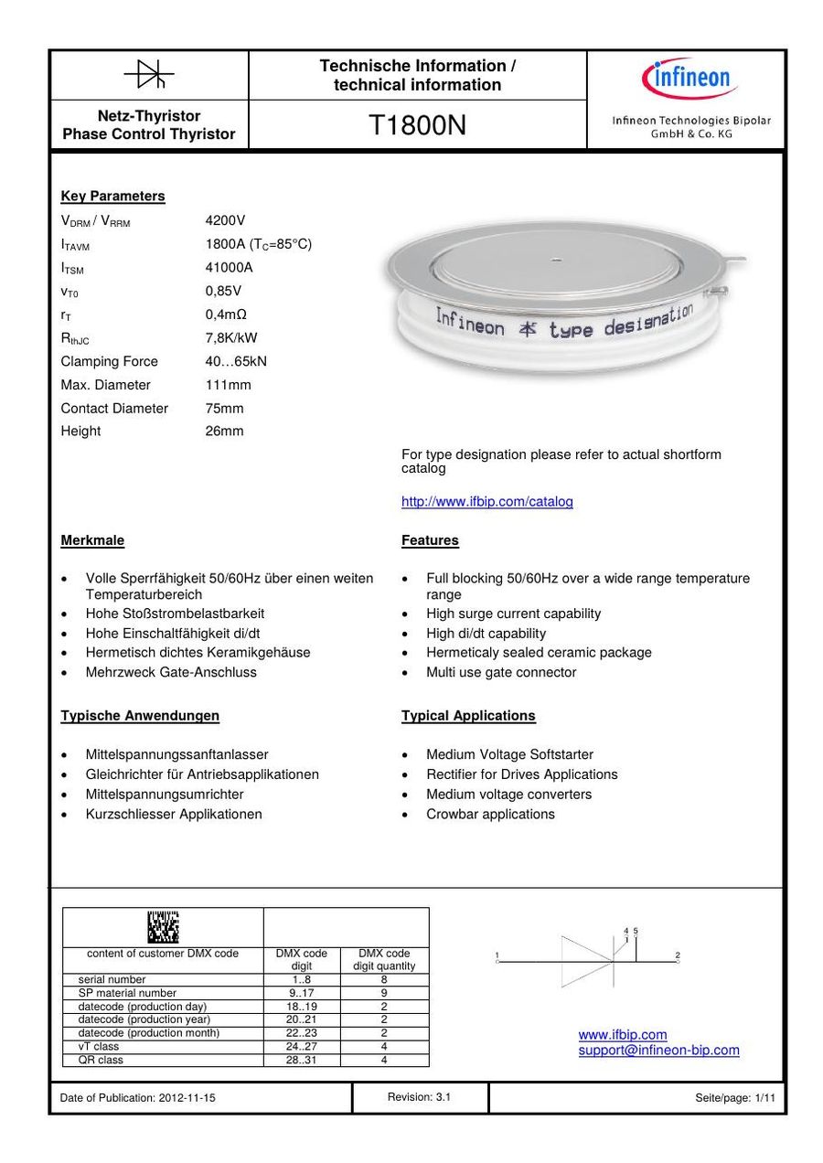 T1800N42TOF SCR from Eupec Infineon