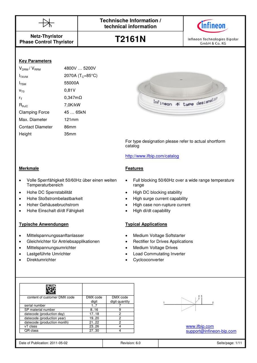 T2161N52TOH Infineon (Eupec) Thyristors / SCRs (Discrete & Press-pack)