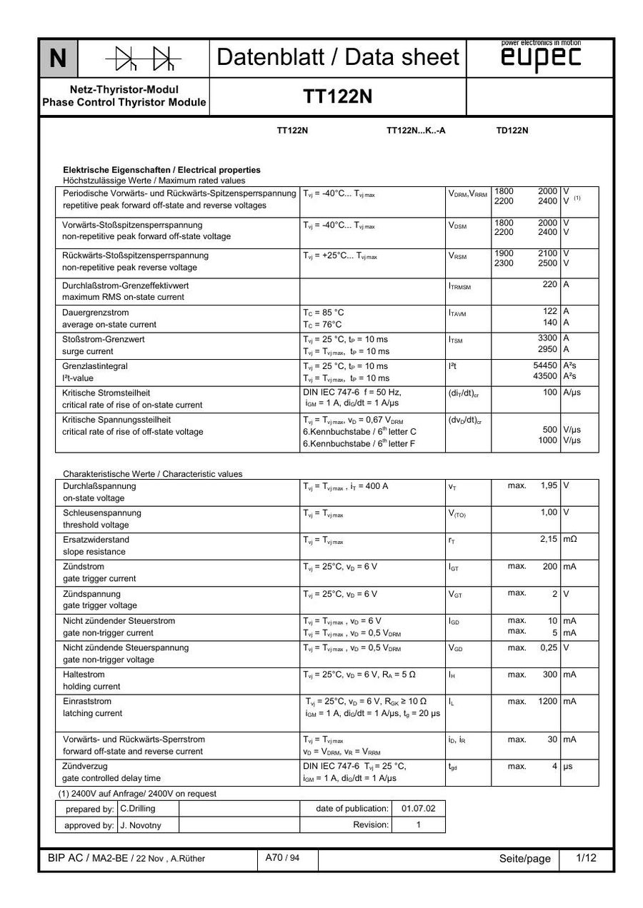 TD122N22KOF Infineon (Eupec) Thyristor & SCR Modules