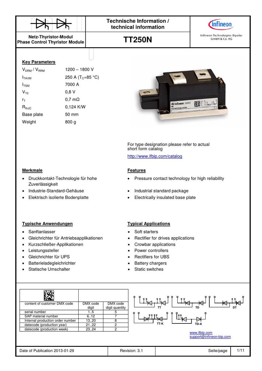 TD250N12KOF Infineon Thyristor Module