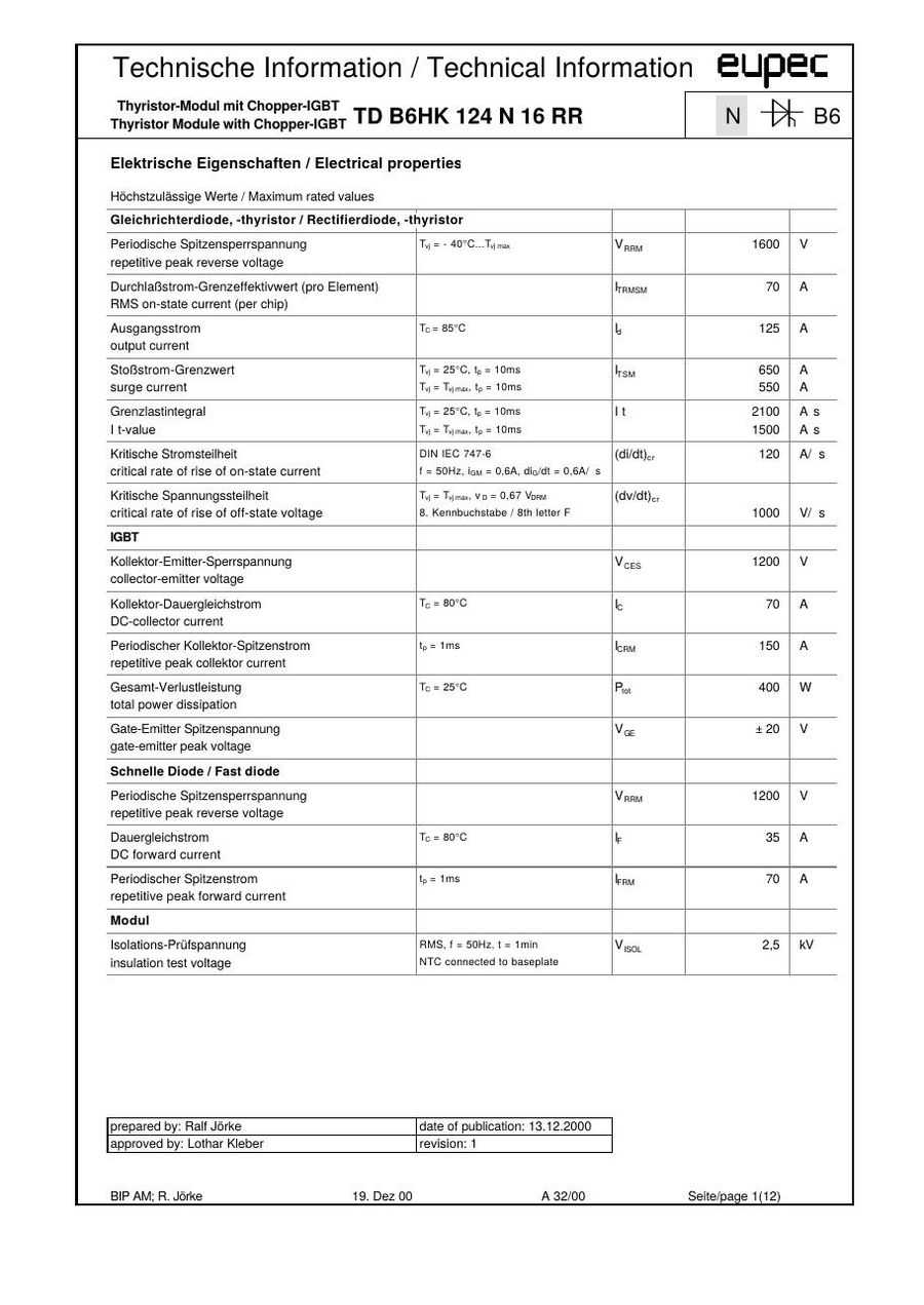 TDB6HK124N16RR Infineon (Eupec) Thyristor & SCR Modules