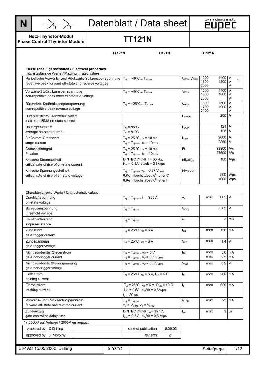 TT121N16KOF Infineon (Eupec) Thyristor & SCR Modules