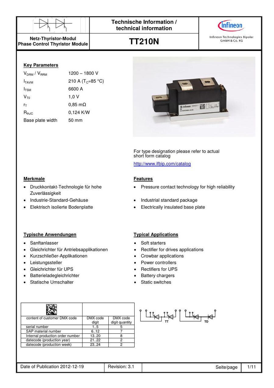 TT210N14KOF Infineon (Eupec) Thyristor & SCR Modules