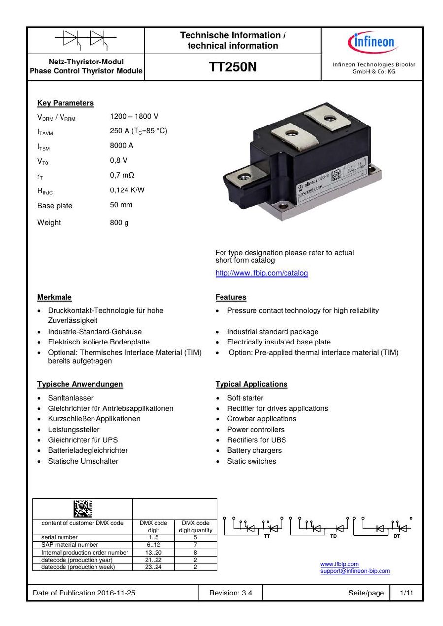 TT250N16KOF-AK34 Infineon Thyristor / Diode Module