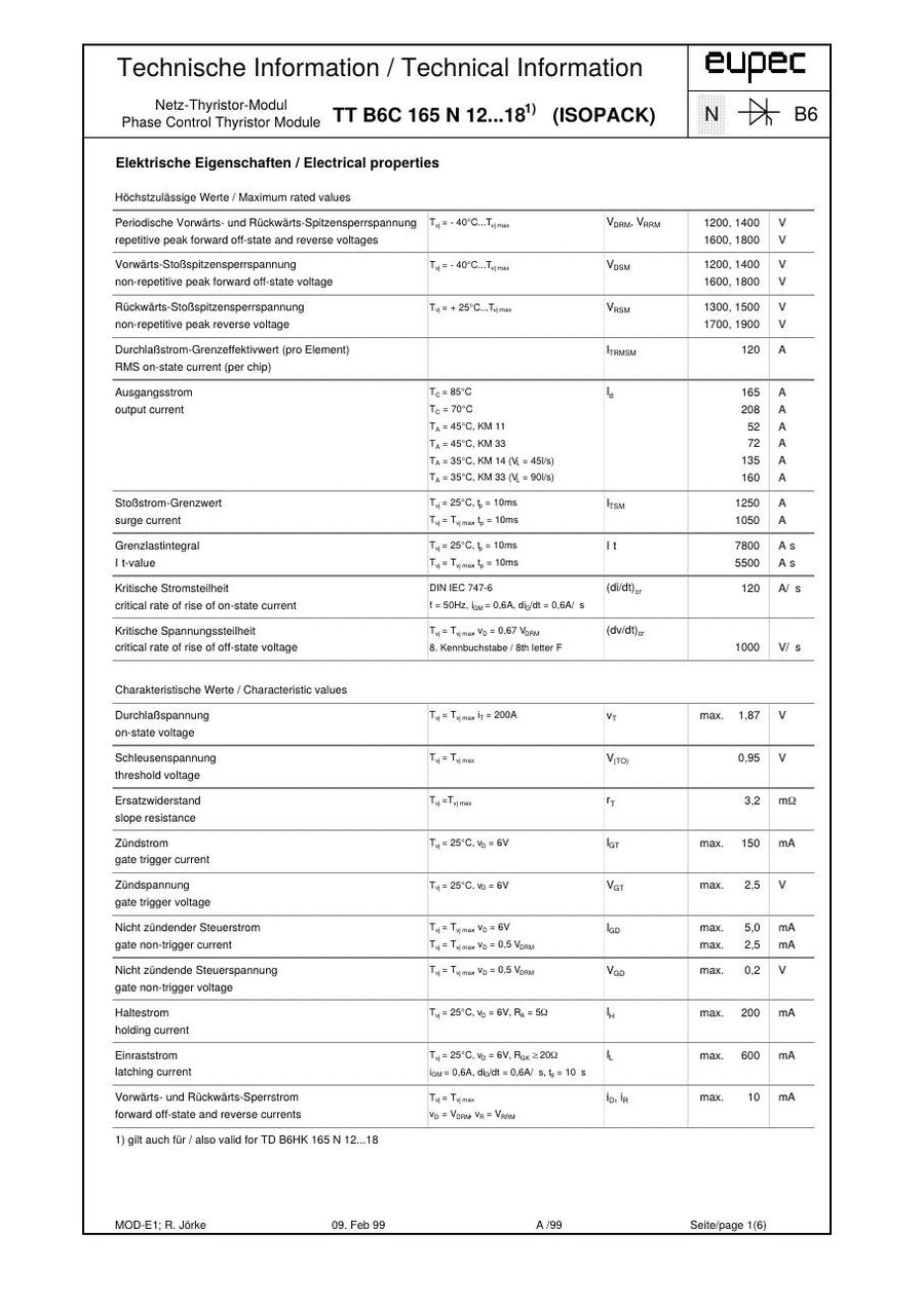 TTB6C165N16 Infineon (Eupec) Thyristor & SCR Modules