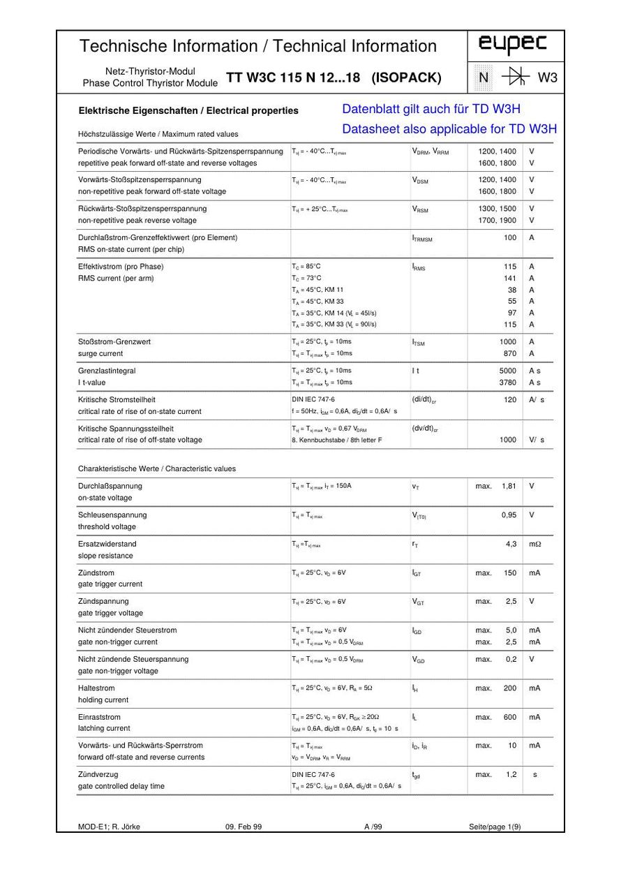 TTW3C115N16 Infineon (Eupec) Thyristor & SCR Modules