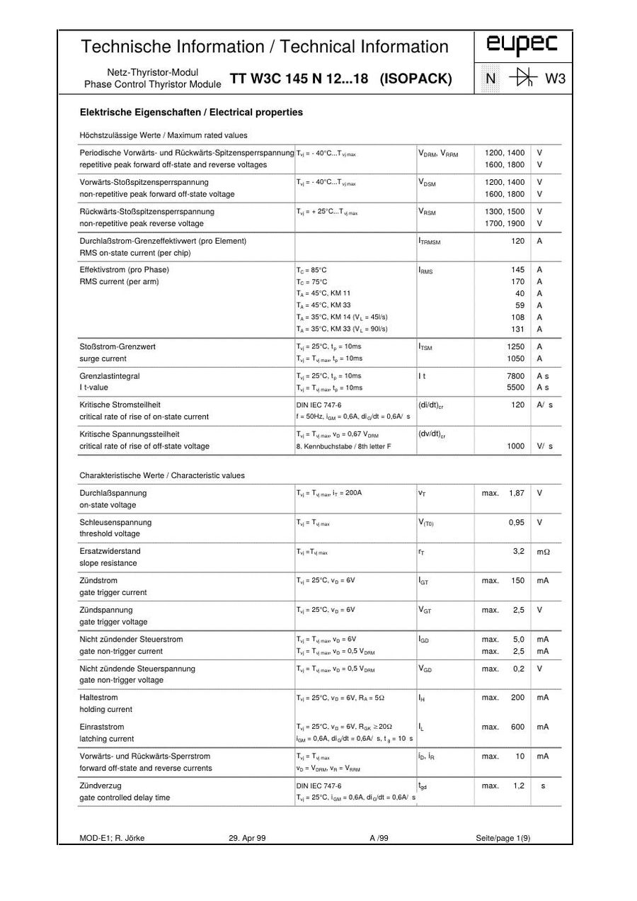 TTW3C145N12 Infineon (Eupec) Thyristor & SCR Modules